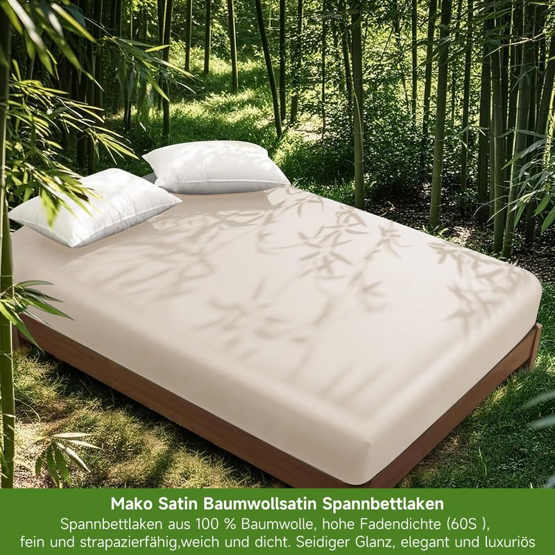 Gezu Mako Sábana bajera ajustable de satén de 90 x 200 cm, color beige y crema, 100 % algodón 60S, antibacteriana, para colchón de hasta 30 cm