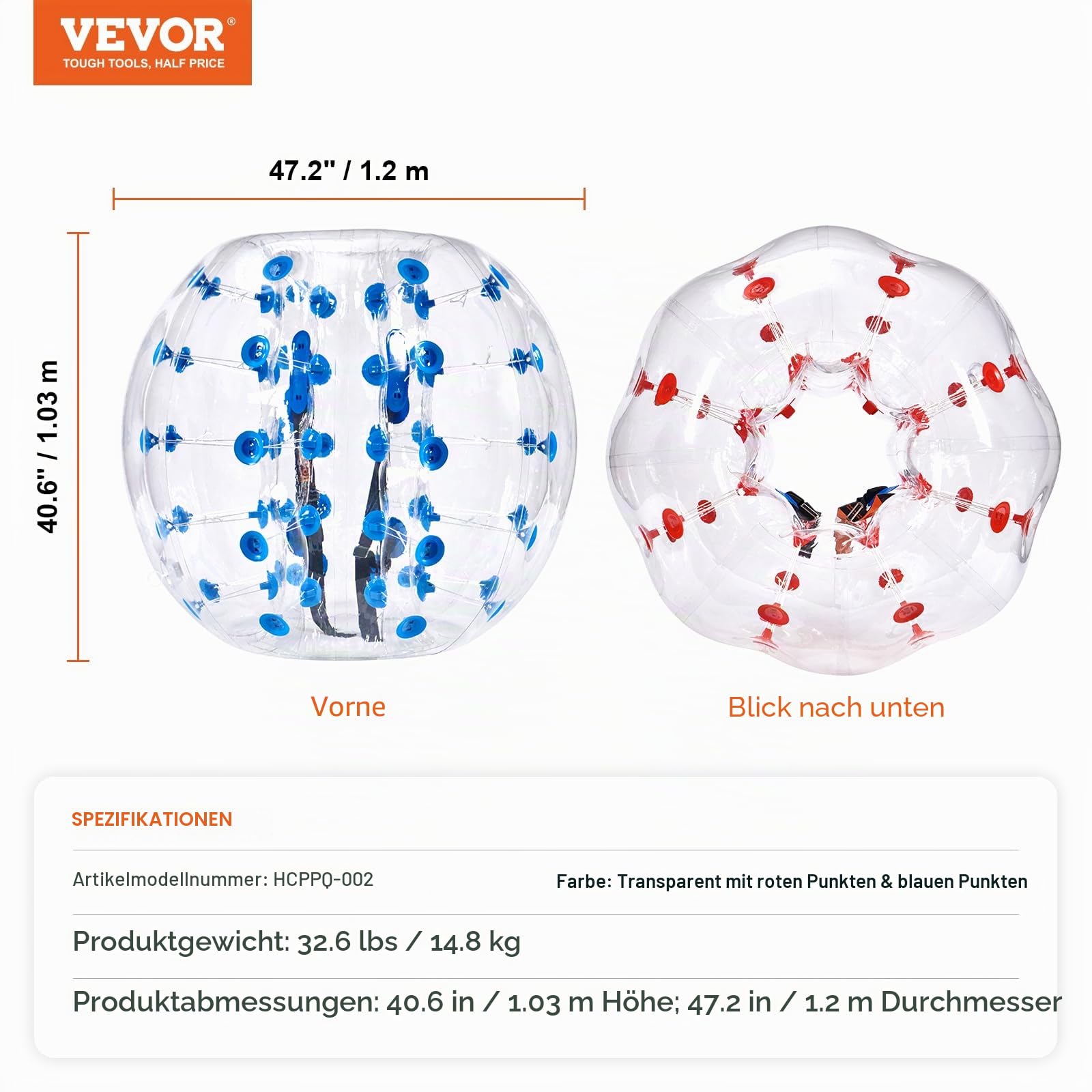 VEVOR Aufblasbarer Bump Ball Bumper Stoßball 2 STK. 1,2 m x 1,03 m, Menschlicher Kollisionsball, PVC-Körperblasen-Bounce-Ball für Outdoor-Aktivitäten, Rote+Blaue Punkte/Transparent
