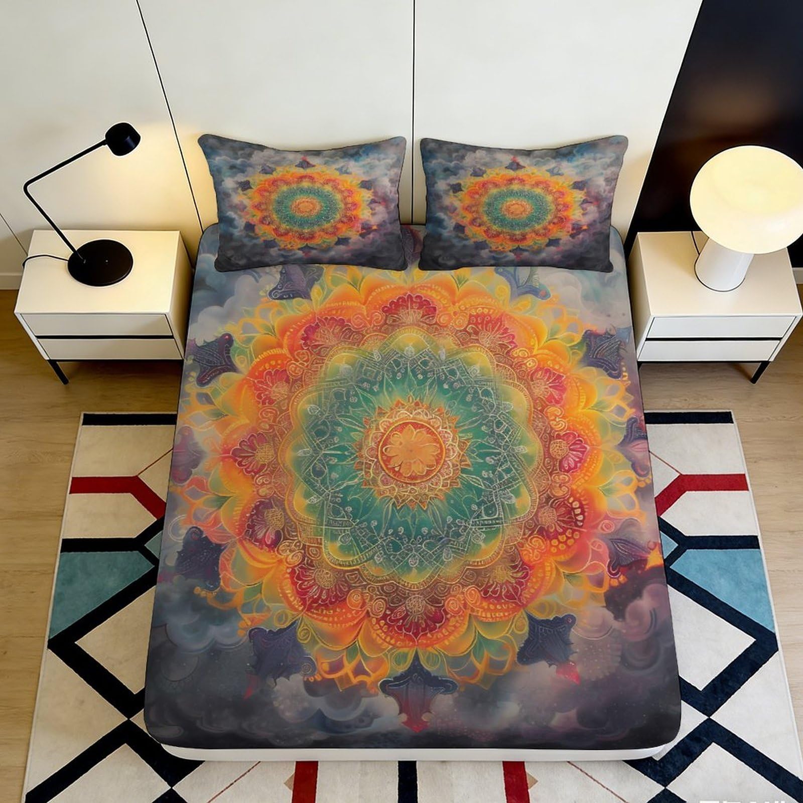 3D Printed Mandala Sunburst Fitted Sheet Microfiber Vibrant Boho Dreamcatcher Mattress Cover for Bedroom Dorm Decoration 90x200x25cm
