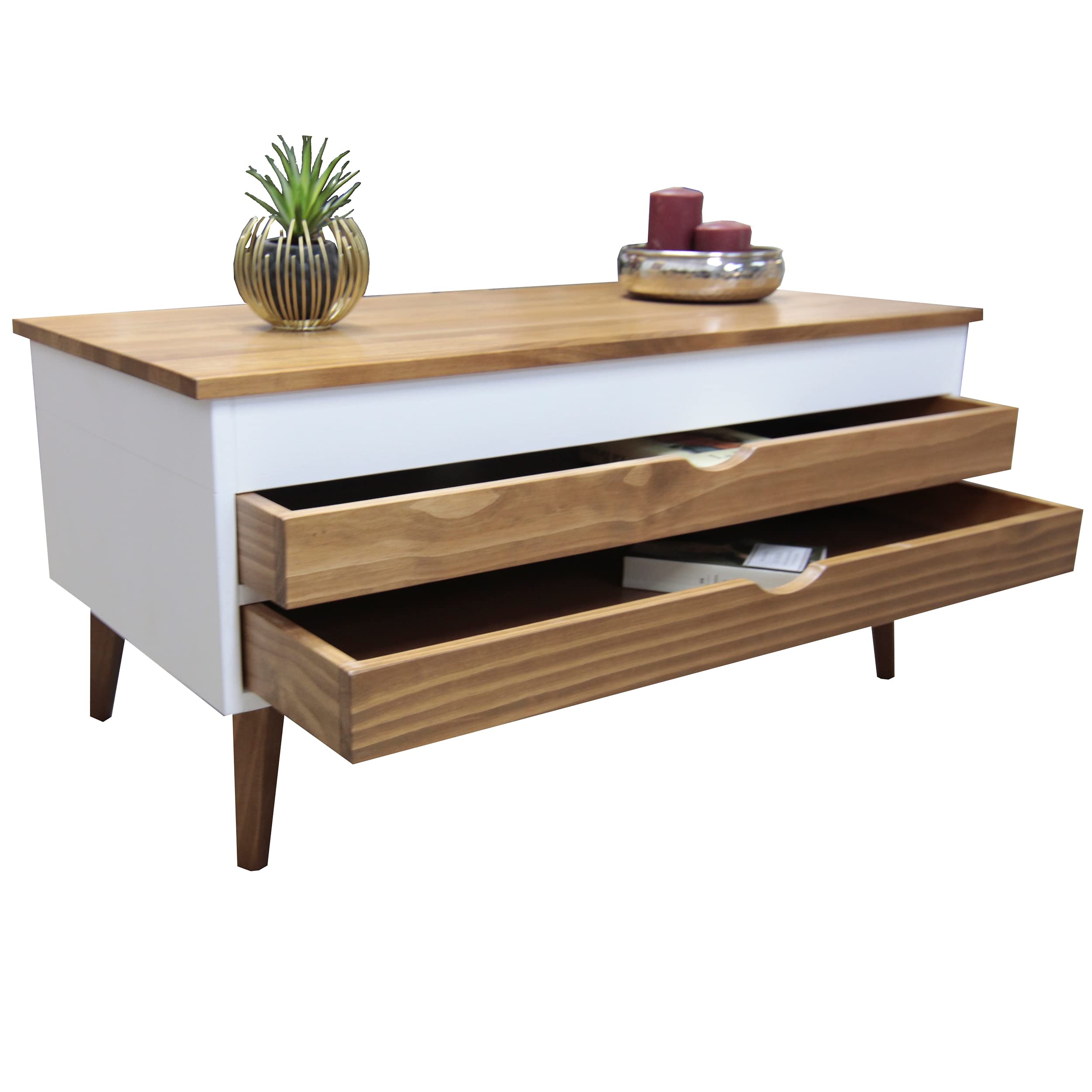 LoMasCasa - Mesa de Centro Salón Elevable Modelo Luzia 5 con Dos Cajones Deslizantes en Color Blanco y Madera Color Nogal Medidas 100x50x47 cm