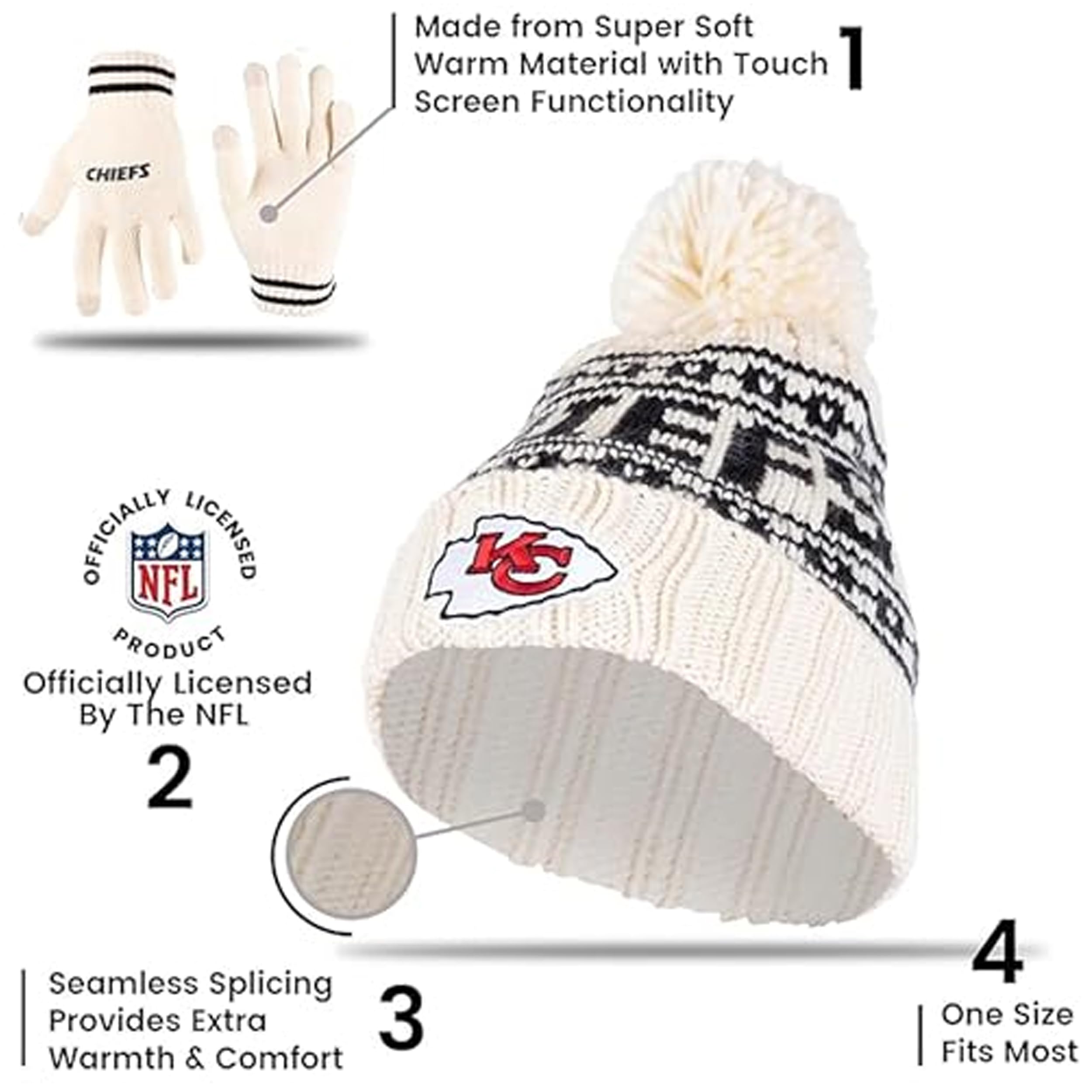 Ultra Game NFL - Berretto invernale lavorato a maglia, da uomo e da donna, super morbido, con guanti touch screen extra caldi