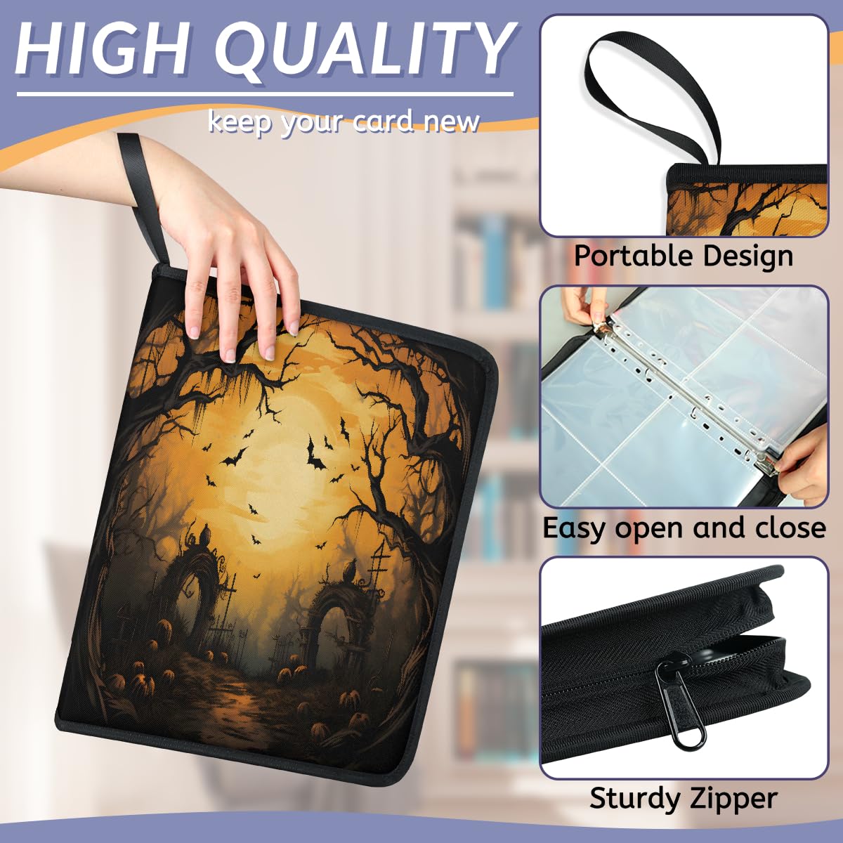 Classeur pour cartes à collectionner - 4 poches - Motif chauve-souris - Pour Halloween - Avec pochettes amovibles - Étanche - Avec fermeture éclair - Capacité de 50 pages et 400 cartes