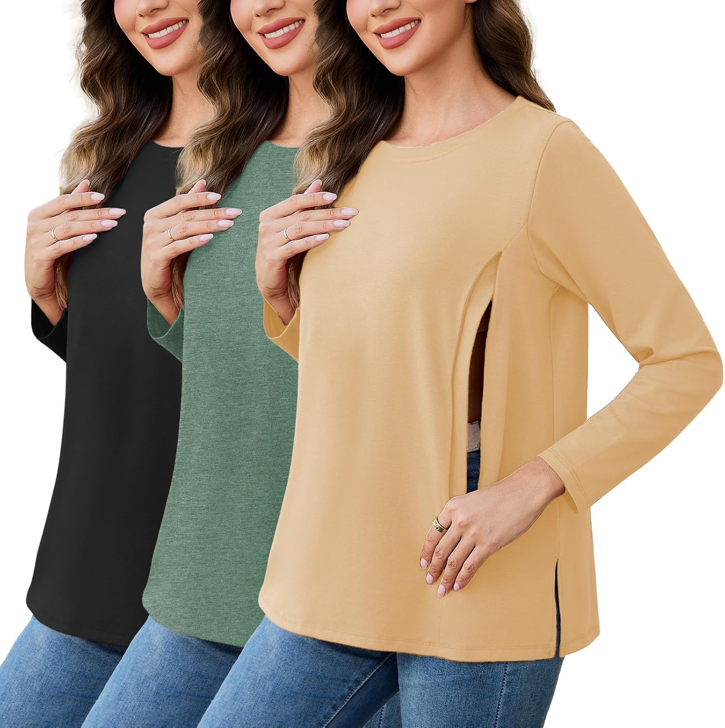 Liu & Qu 3 Pack Womens Oversized Nursing Tops Hidden Zippers Long Sleeves Breastfeeding Shirts Side Split Maternity Clothes