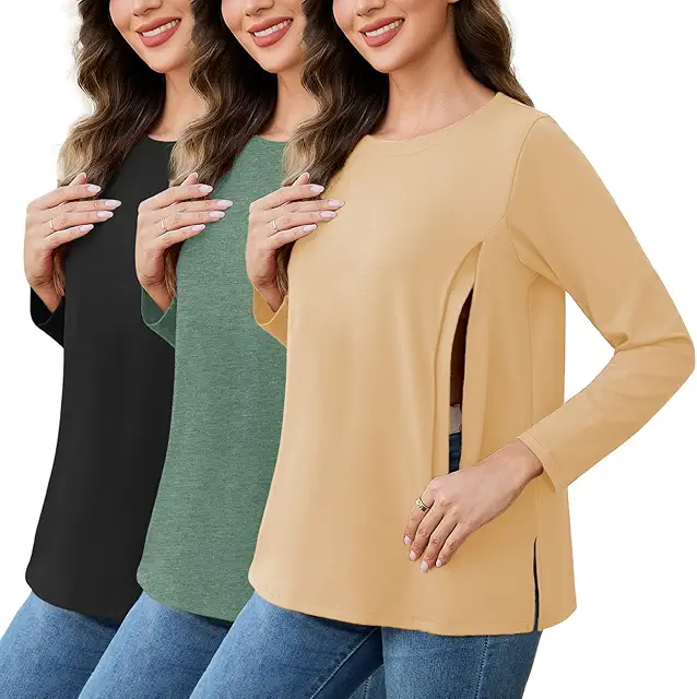 3er Pack Damen Stillshirts mit Reißverschluss - Lose Stillen Tops für Schwangerschaft