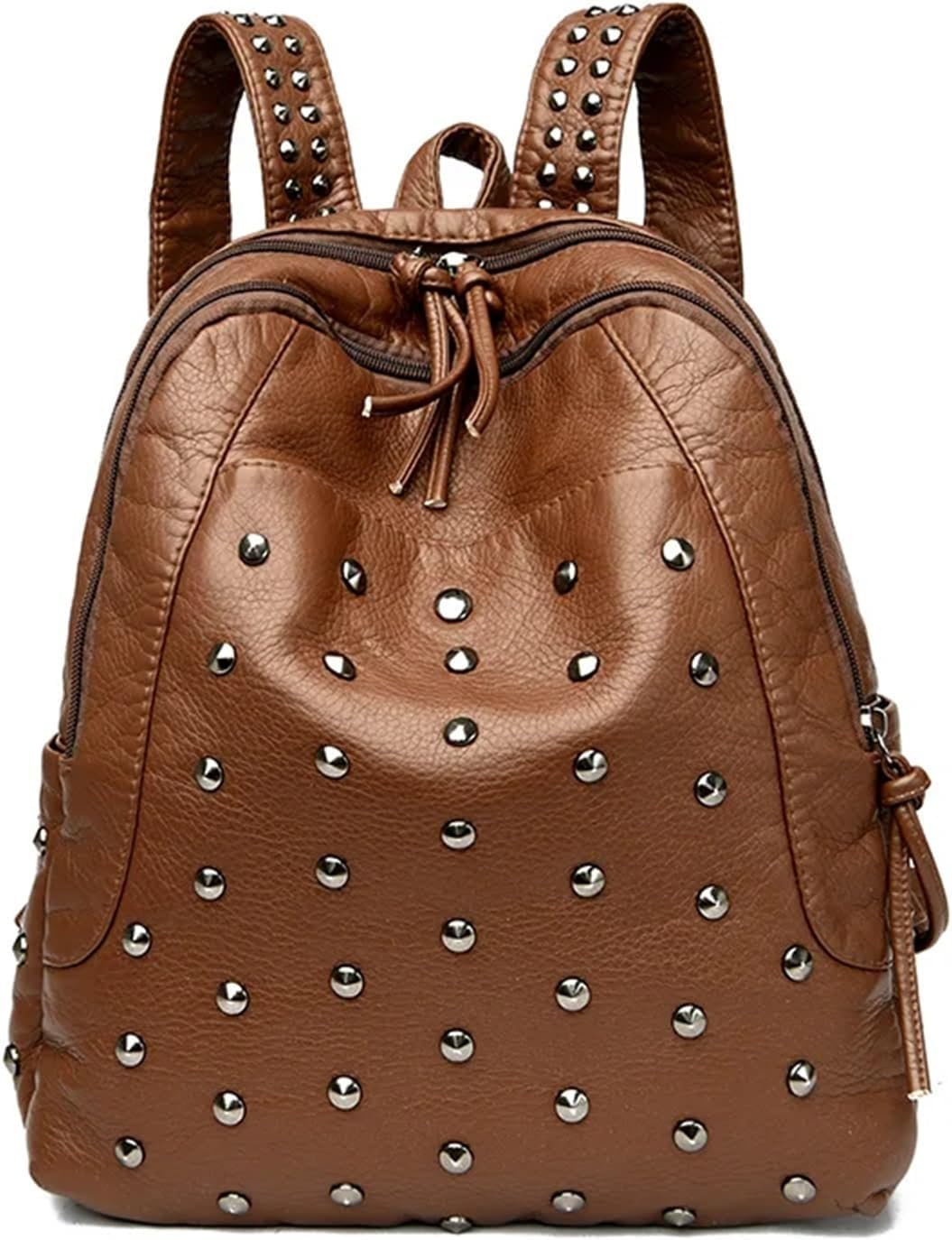 Vintage Women 's Rivets Backpack Soft Leather Leisure Travel Large Capacity School Bags for Teenage Girls for Storage(Brown)