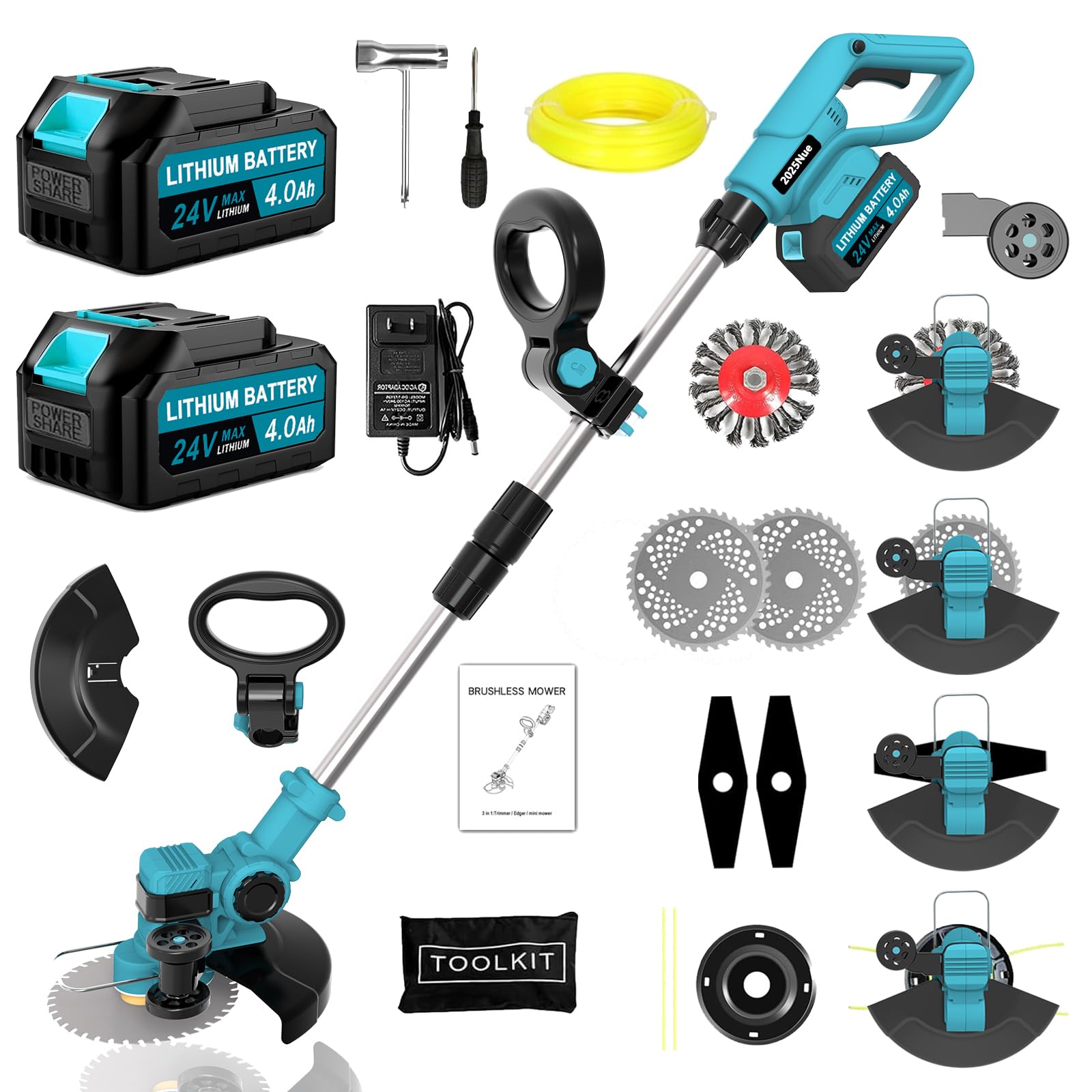 Rasentrimmer Mit Akku Für Makita Rasentrimmer, 4 in 1 Akku Rasentrimmer Mit 2 Akku Und 4 Arten Klingen, 21V Akku Freischneider Mit Seitlichen RäDern FüR Einfaches Trimmen Der Kanten.