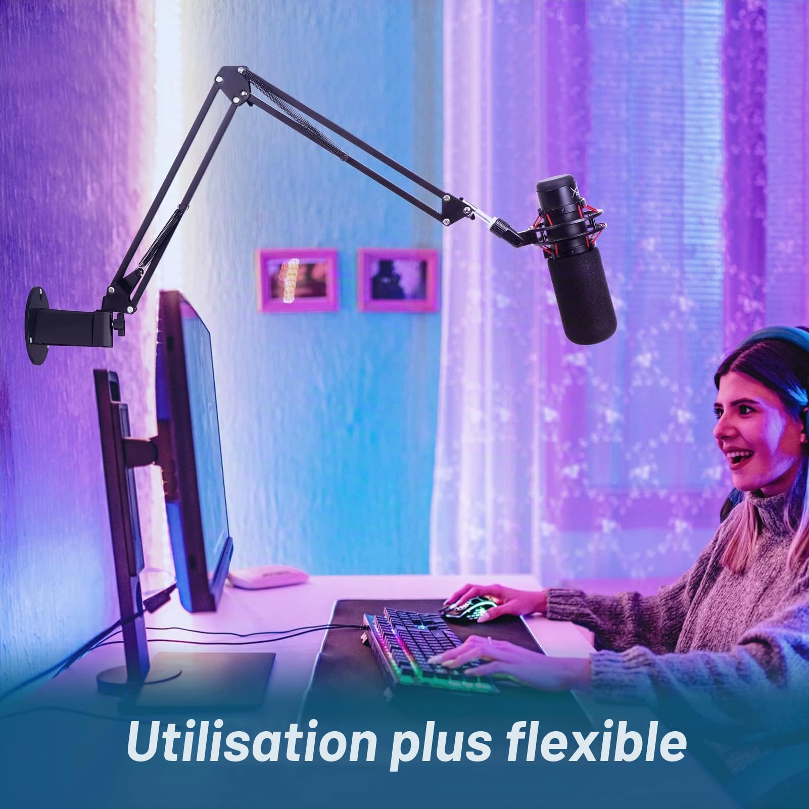 YOUSHARES HyperX Quadcast Perche de Microphone, Réglable Pied de Quadcast Support de Suspension à Ciseaux Micro, Support de Microphone avec Pince de Bureau Fixation & Montage Mural
