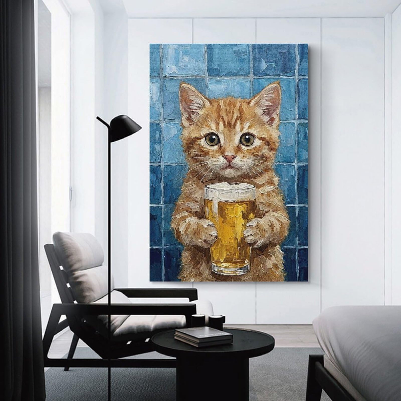 Junmoney Unframe-Style-9 Kitten With Beer Painting Canvas Wall Decor, 24X36inch(60X90cm), For Wall Displays, Bedrooms Or Room Updates, Wall Decor Suited To Curated Displays