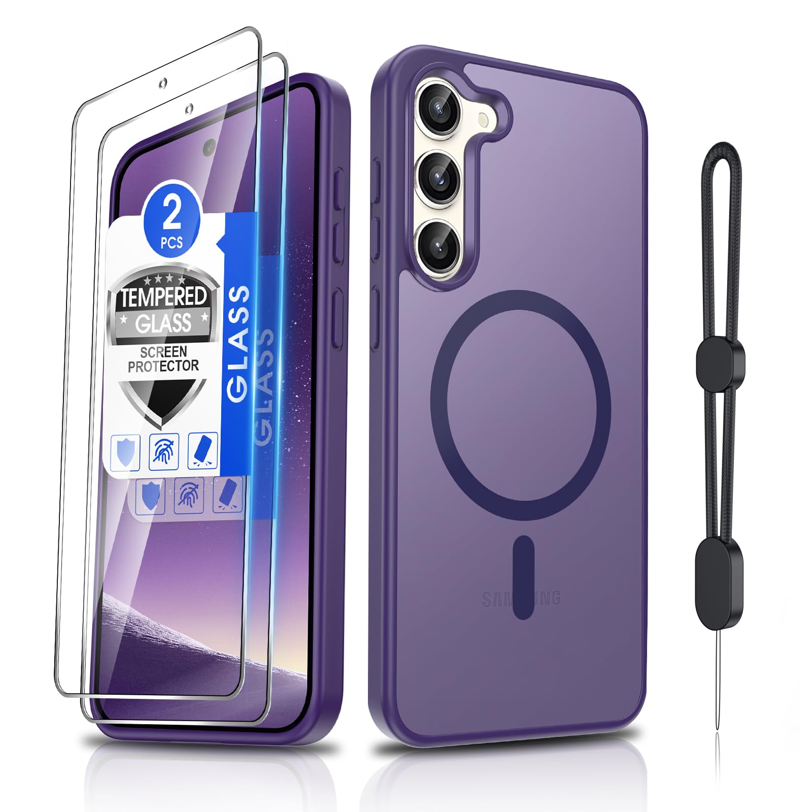 Dizn Magnetic for Samsung Galaxy S23 Phone Case,[Not Fit S23+],S23 Case with Tempered Glass Screen Protector,Strap,[Fit for MagSafe],Military Shockproof Funda Protective for Galaxy S 23, Drak Purple