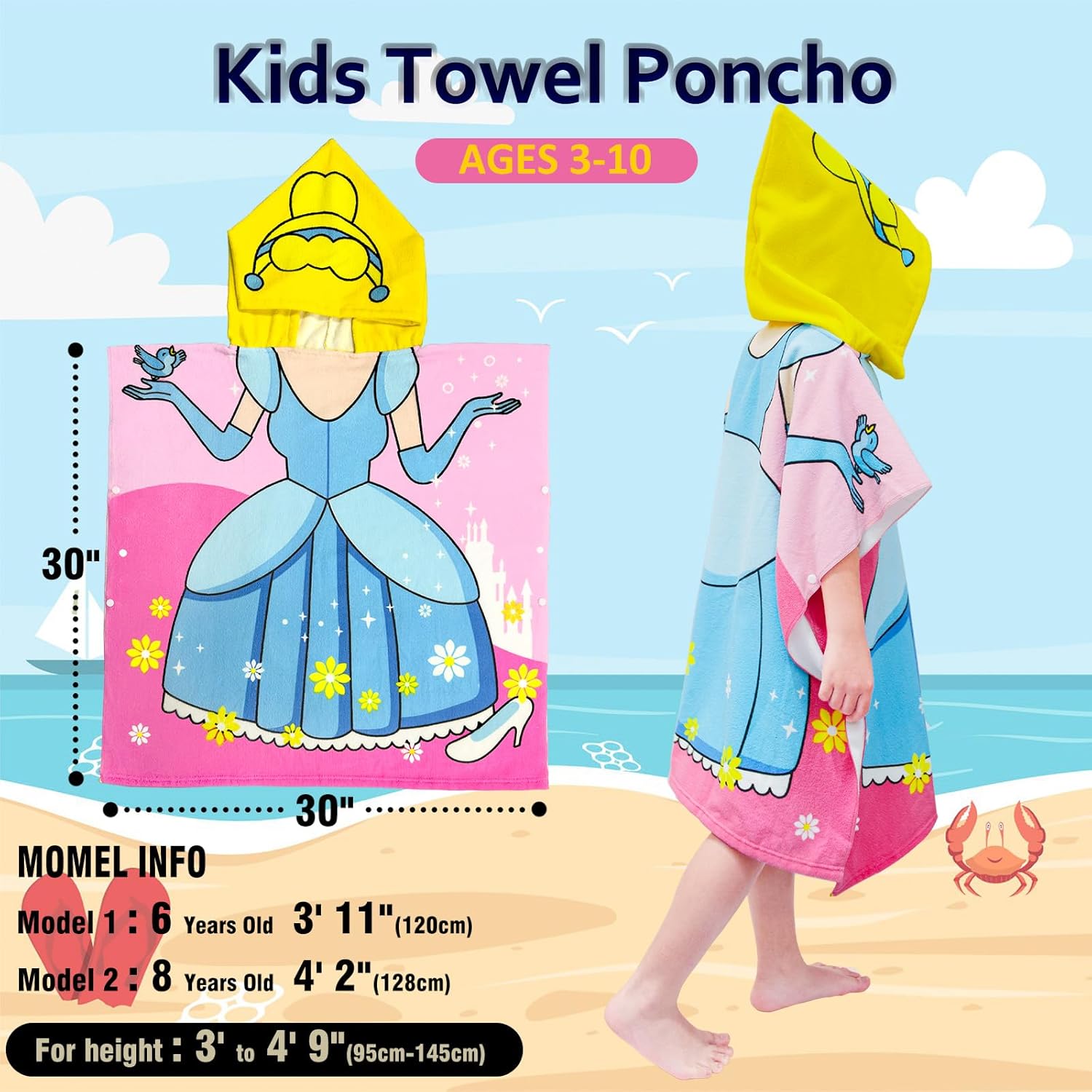 Hooded Kids Beach Towels - Toddler Bath Towel Girls Boys Swim Cover-ups for Ages 4 to 10 Kids Pool Towels Quick Dry Lightweight Soft Microfiber Poncho 30x30 (Princess Dress Blue) - Image 4