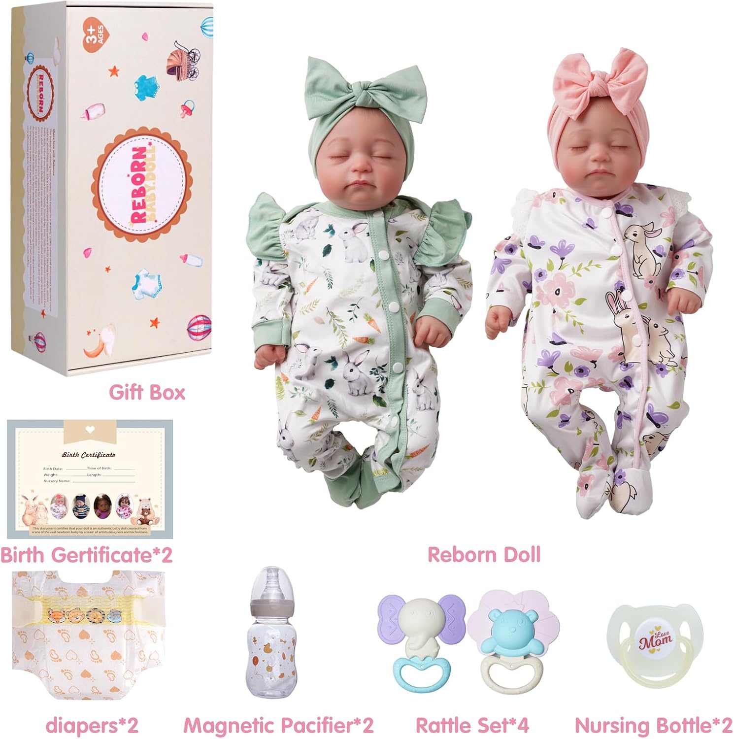 BABESIDE Lifelike Reborn Baby Dolls Twins, 20 inch Realistic Newborn Boy Girl Soft Vinyl and Cloth Body Real Life Baby Dolls Sleeping with Accessories for 3+ Year Old Kids Gifts