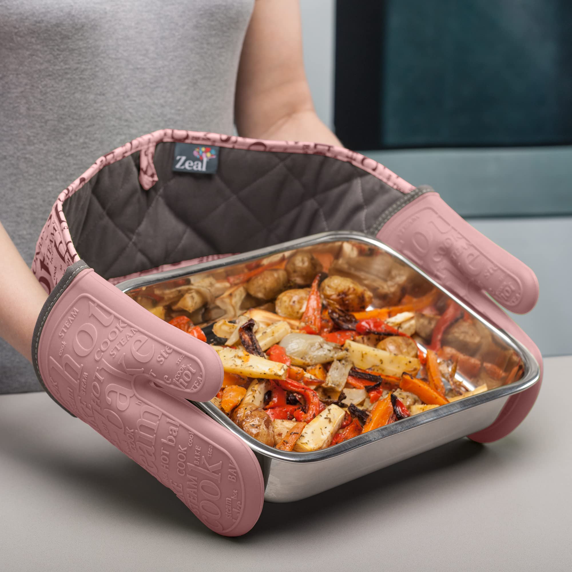Zeal Doppelte Ofenhandschuhe aus Silikon, hitze-, dampf- und wasserbeständige Handschuhe mit gestepptem Stoff innen, Rutschfester Griff, perfekt zum Kochen und Backen, maschinenwaschbar, Rose Pink