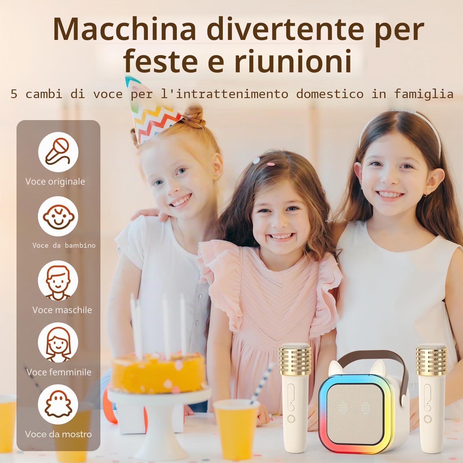 Cute Cat Ear Karaoke Machine per bambini adulti, sistema di karaoke portatile con luce LED lampeggiante, 2 microfoni wireless, supporto Bluetooth/TF/USB, altoparlante regalo per Natale