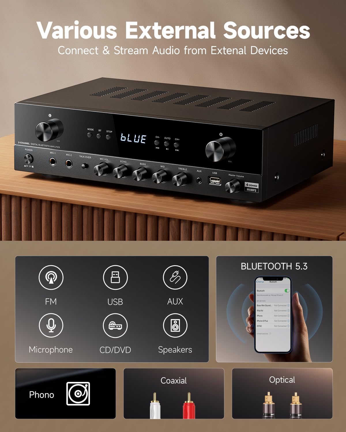 Donner Amplificatore Stereo 2 Canali 600W Picco Bluetooth 5.3 Phono Ottico Coassiale USB FM MAMP2