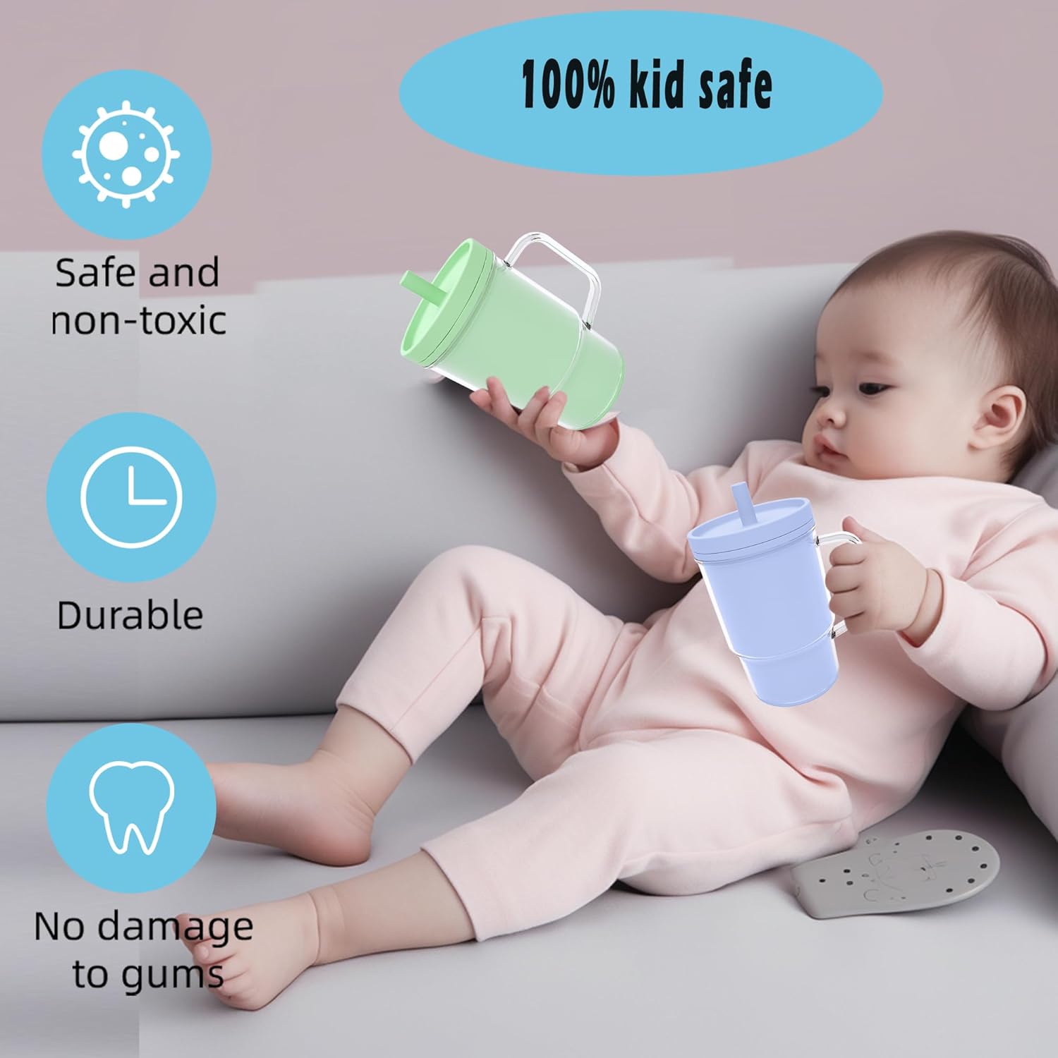 Silicone Sippy Toddlers Cup with Handle & Reusable Silicone Straws for Kids ABS Baby Training Cup with Soft Spout Heat-Resistant, Leak-Proof, Sweat &Spill Proof, No Spill Flip-It 8.8oz (Green) - Image 4