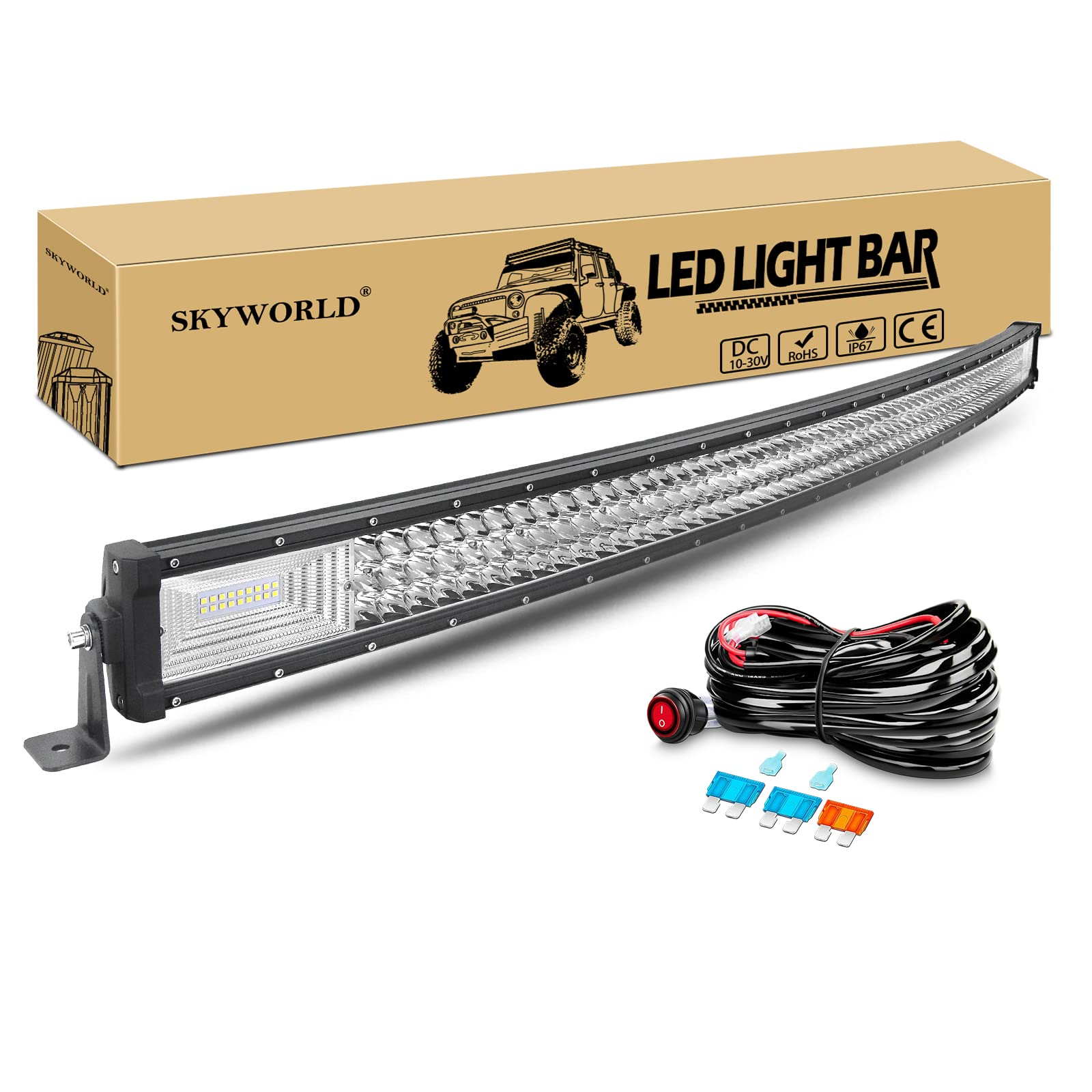SKYWORLD robocza listwa świetlna LED 50 cali 127 cm 648 W smukła, zakrzywiona lampa Offroad LED listwa przeciwmgłowa rampa z 12 V Przełączanie okablowania do pojazdu terenowego SUV Quad Truck 4x4