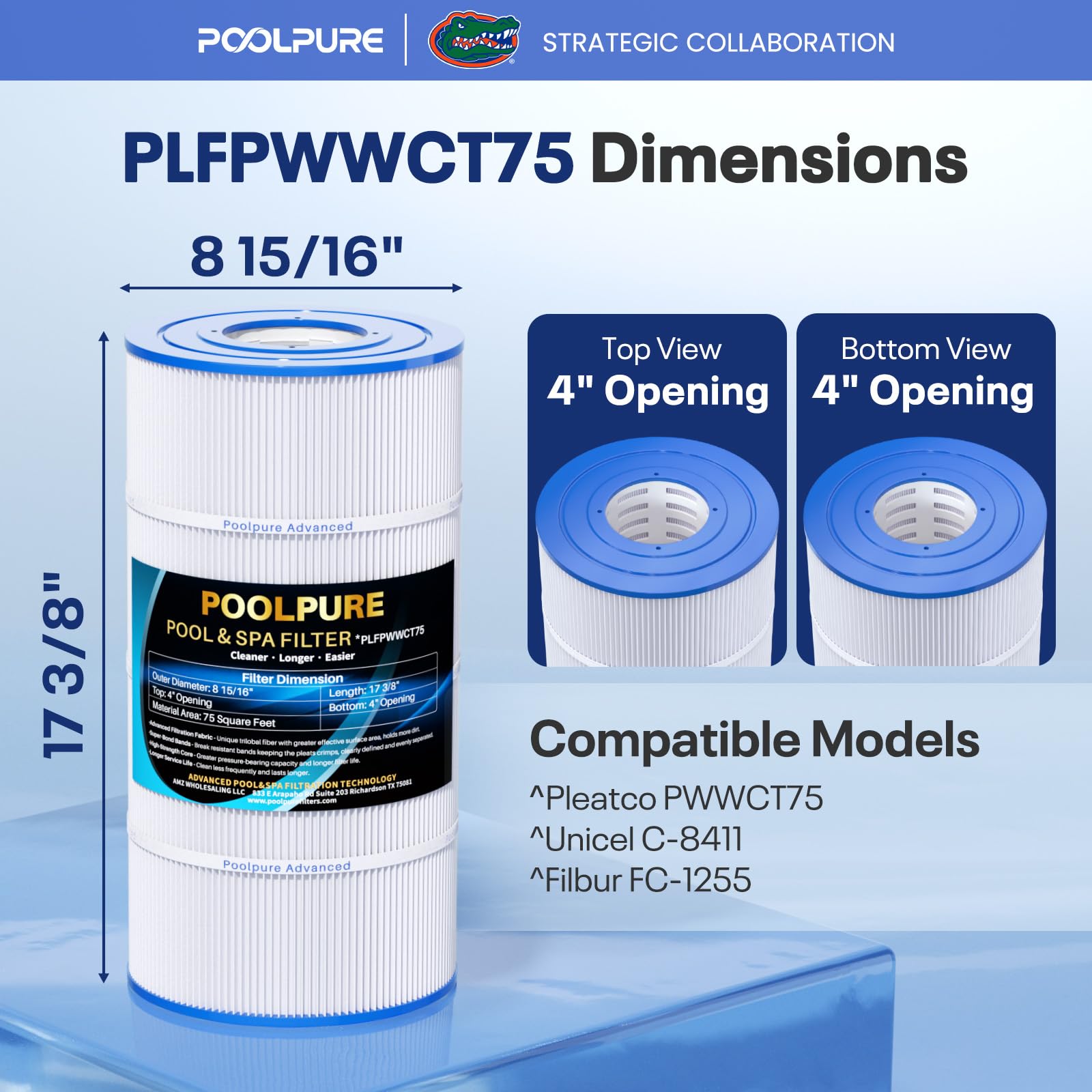 POOLPURE Filtre de piscine pour spa remplace PWWCT75, Ultral-B6, Unicel C-8411, Filbur FC-1255, Waterway 817-0075N, Waterway Clearwater II 75