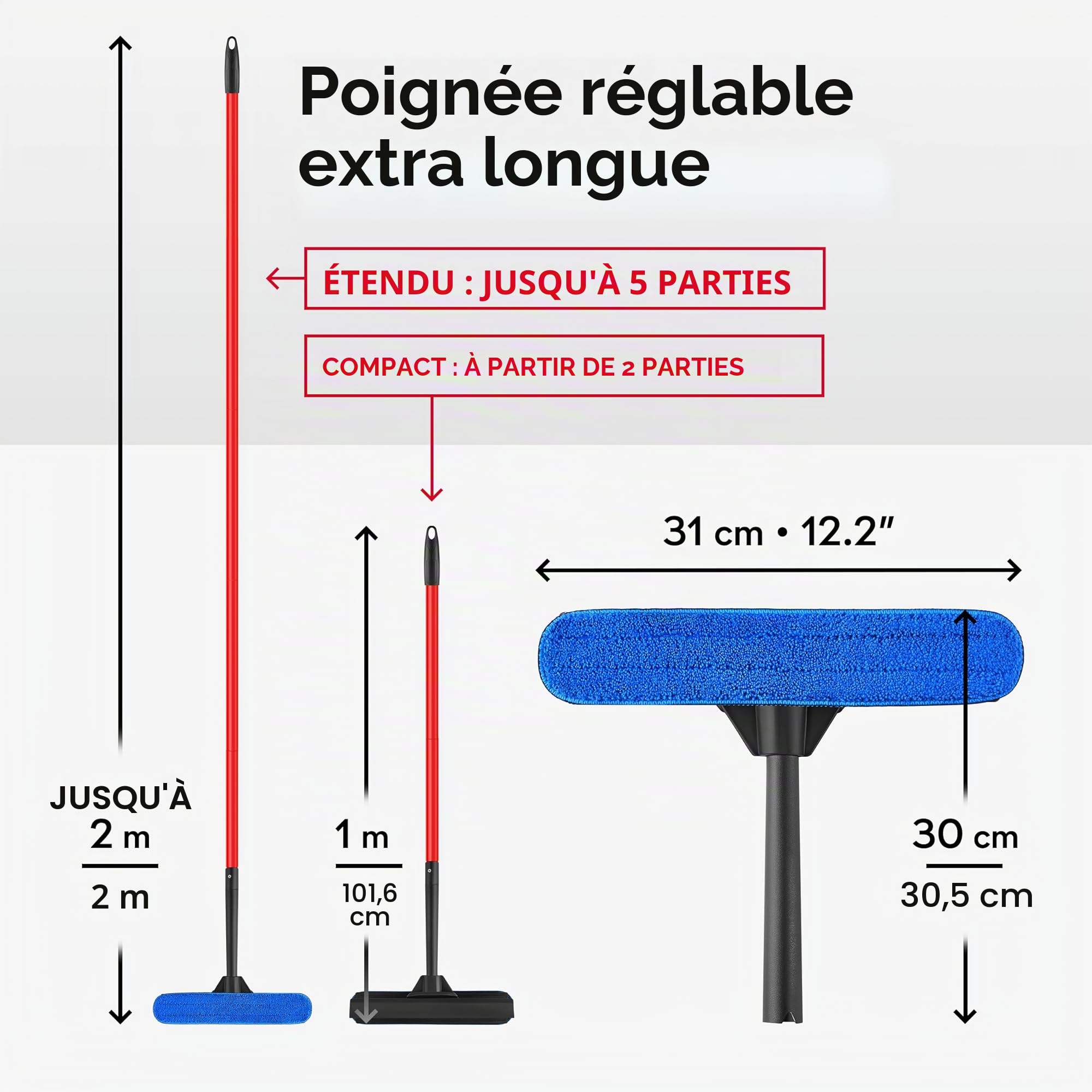 Tyroler Raclette Vitre Professionnel Nettoyage Vitre | 30 à 205cm Lave Vitre Manche Télescopique Nettoyant Vitre | Kit Nettoyage Vitre 2 en 1 | Perche Télescopique Nettoyage Parfaite