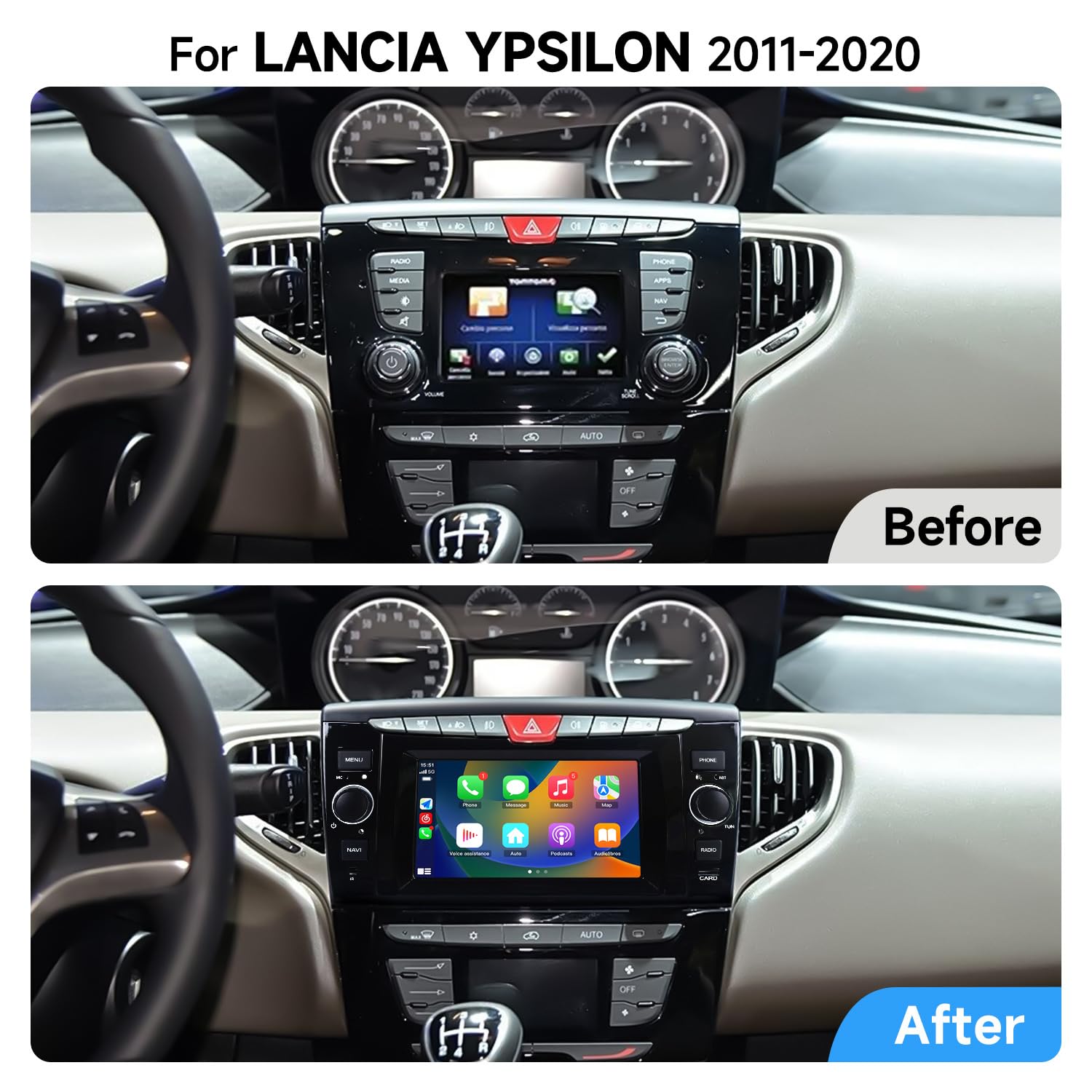 Autoradio Custom Fit per Lancia Ypsilon 2011–2020 con CarPlay e Android Auto | Schermo Touch HD 2DIN | GPS Navigatore | Bluetooth | USB | Retrofit Plug & Play | Compatibile con comandi al volante