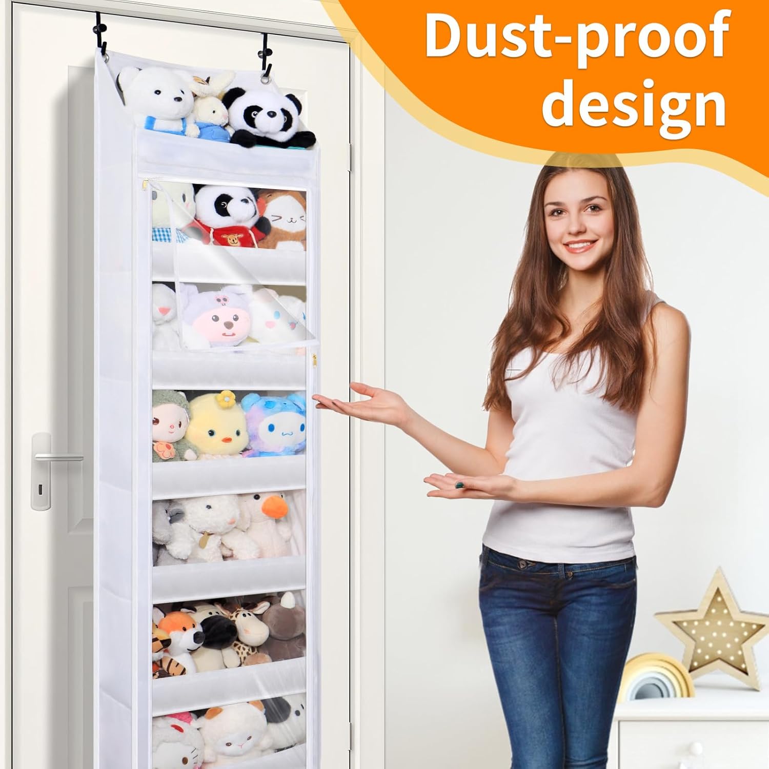 Over the door stuffed animal storage, dust-proof door organizer hanging,【holds up to 70 lbs】Ideal for organizing on doors, such as yarn storage, plush toys, diapers, and other small to medium items.