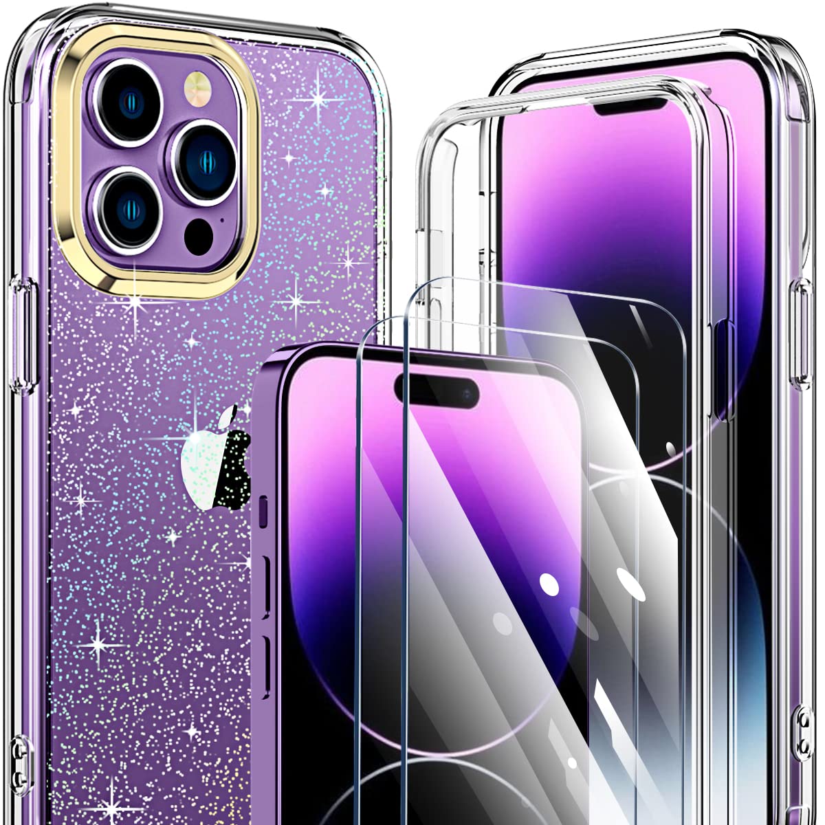 Hocasefor iPhone 14 Pro Max Case, (with 2pcs Glass Screen Protectors) Shockproof Slim Soft TPU+Hard Plastic Full Body Protective Case for iPhone 14 Pro Max (6.7") 2022 - Clear/Dazzling Glitters