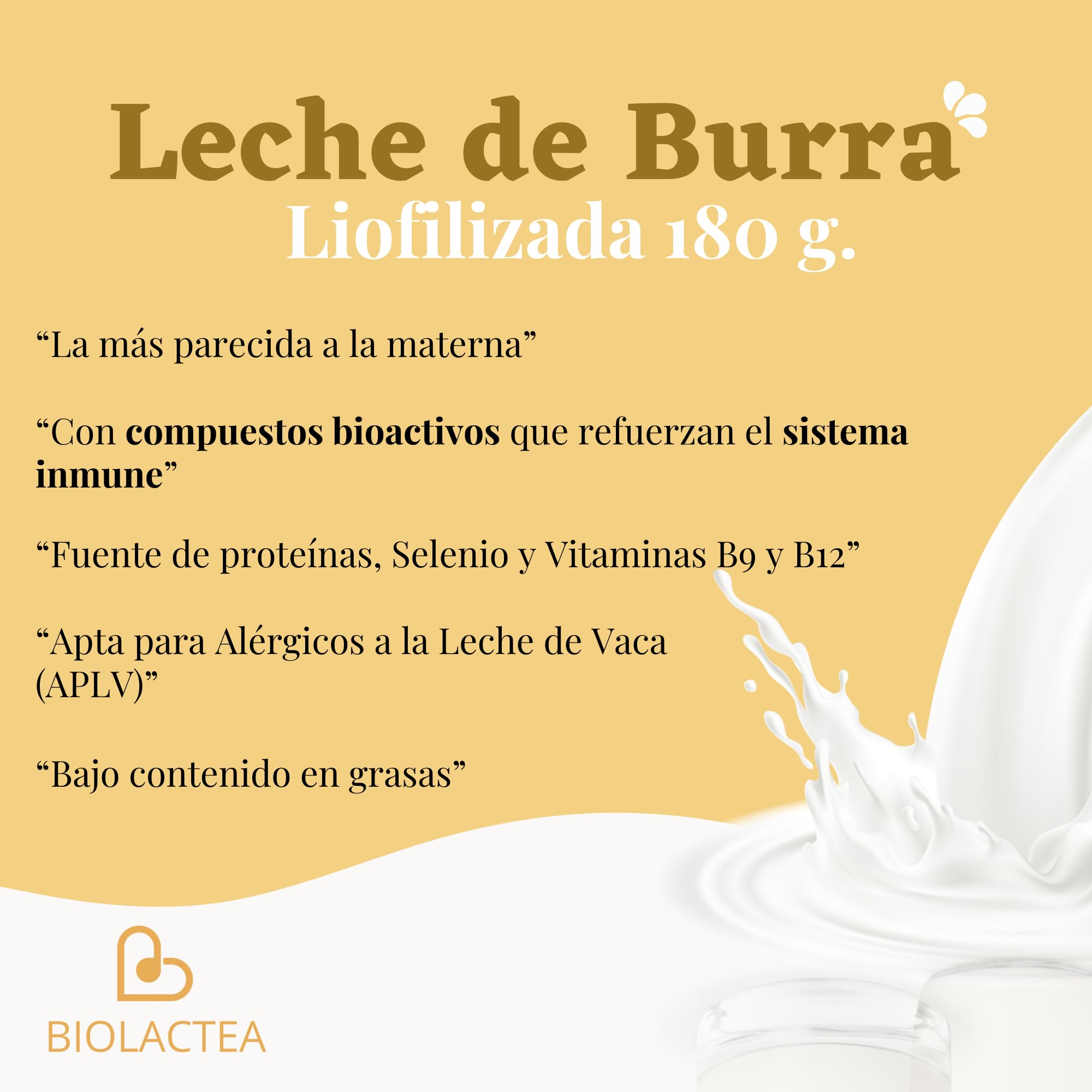 Biolactea Leche de Burra en Polvo 180 gr - Leche Pasteurizada Liofilizada Ecológica Rica en Proteínas