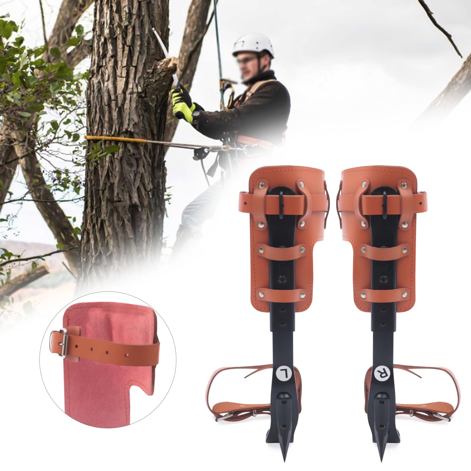 DYRABREST Leather Tree Climbing Spikes, Tree Climbing Gear, Cowhide Leather Tree Climbing Spikes Set, Adjustable Height for Climbing, Logging, Fruit Picking