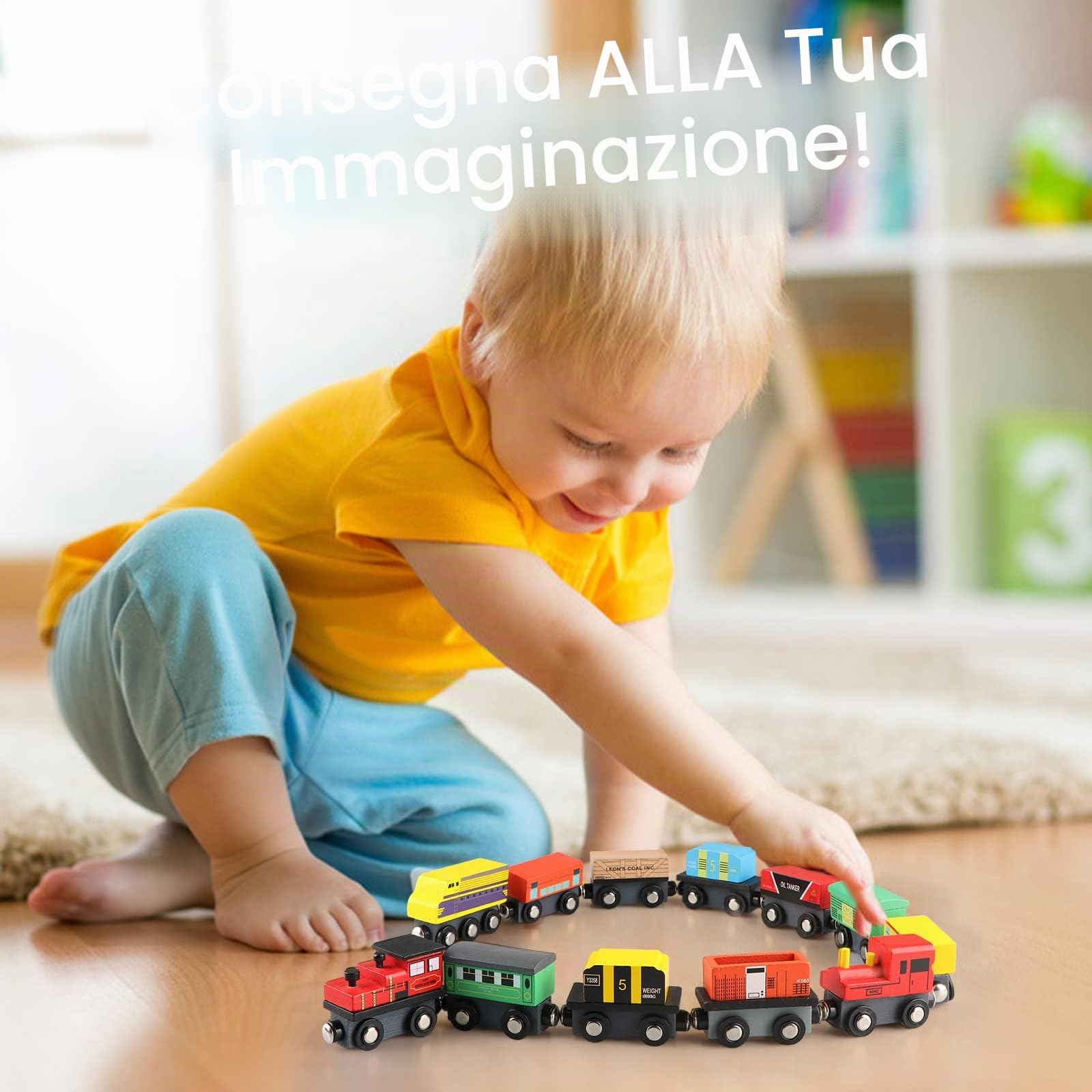 Jacootoys Set Trenino Magnetico in Legno con Scatola Portaoggetti (12 pezzi) Veicoli Educativi Automobili Motori per Ragazzi Ragazze 3 + Anni