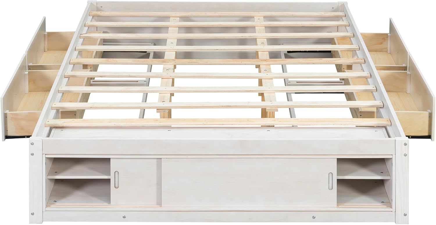 Queen Size Platform Bed Frame, No Headboard Bed Frame with 4 Storage Drawers & Footboard Storage Cubby, No Box Spring Needed, Wooden Slats Support, Space-Saving, Easy Assembly (White)