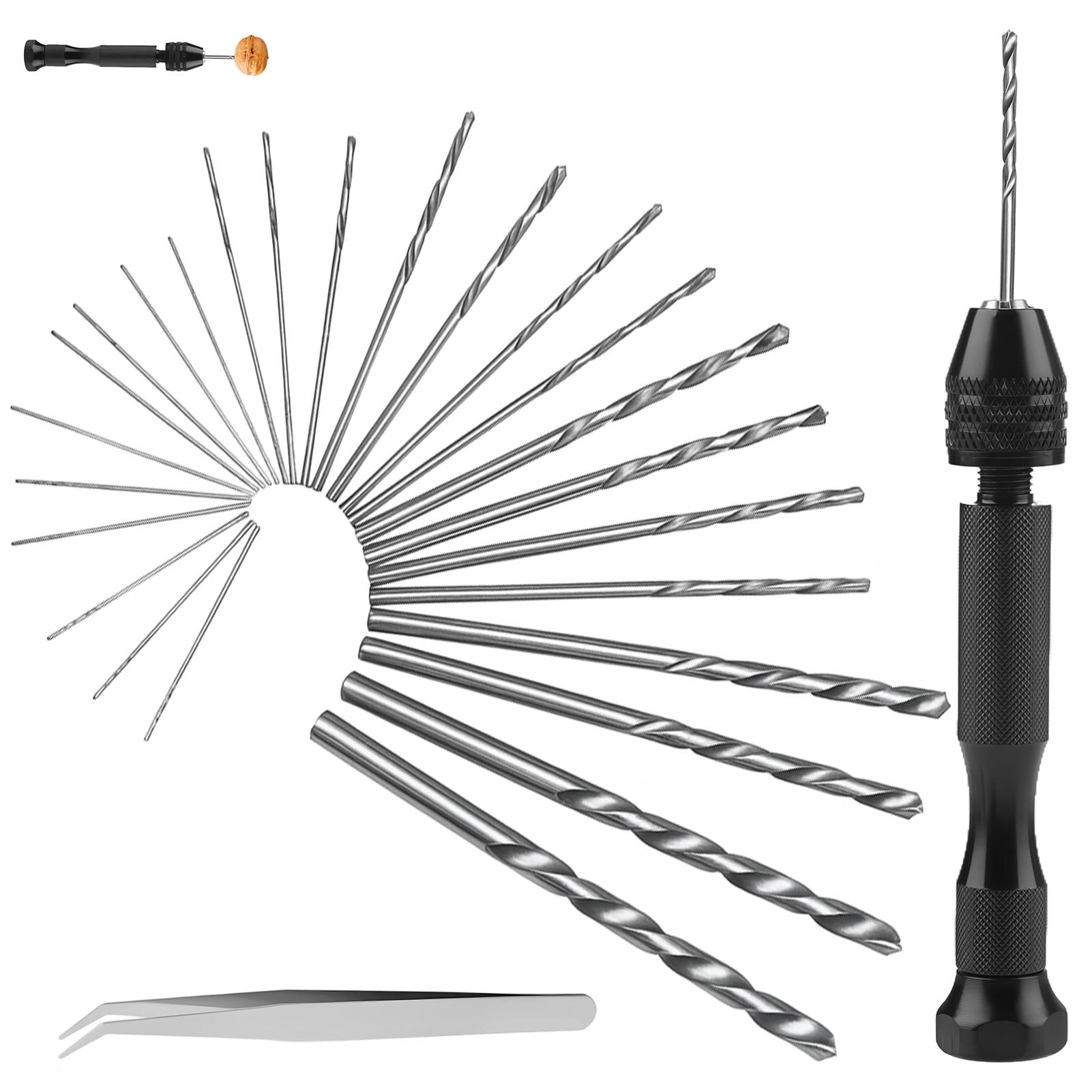 Mini Taladro de Mano Negro + 25 Brocas Torcedura + Pinzas, Taladro Manual de Precisión para Modelismo, Joyería, Madera y Manualidades - Kit Completo de Herramientas de Perforación Fina