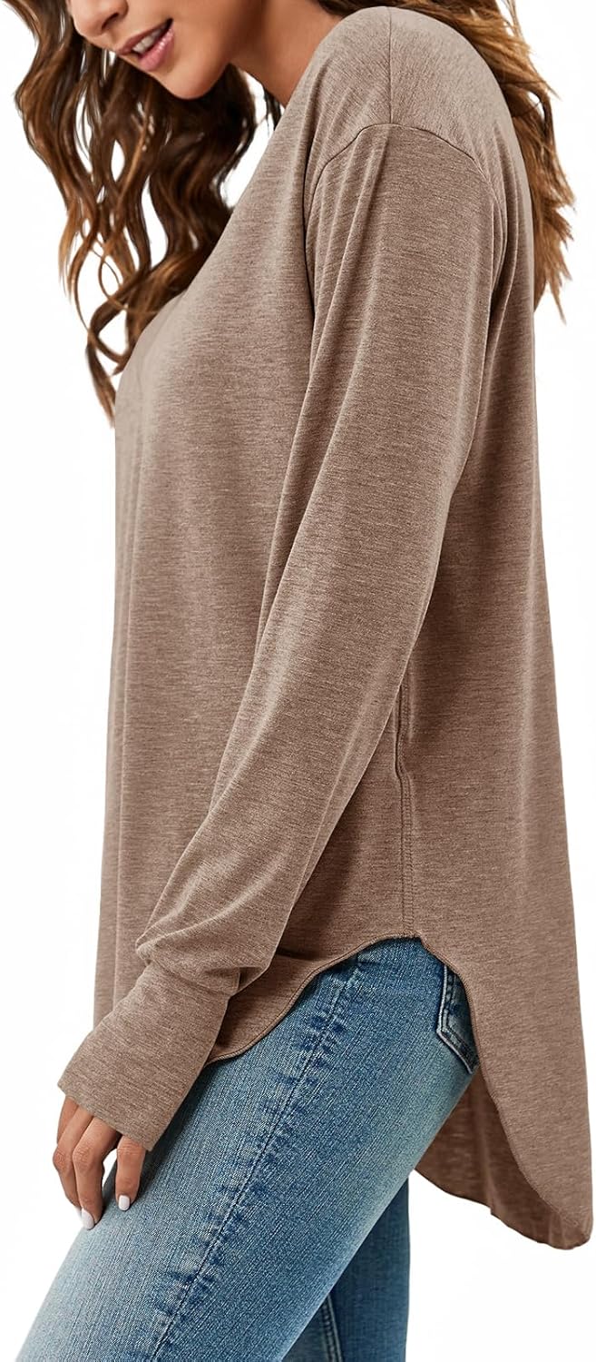 Tankaneo Womens Deep V Neck Tunic Tops Long Sleeve Oversized Casual Loose Fit Curved Hem T Shirts - Image 4