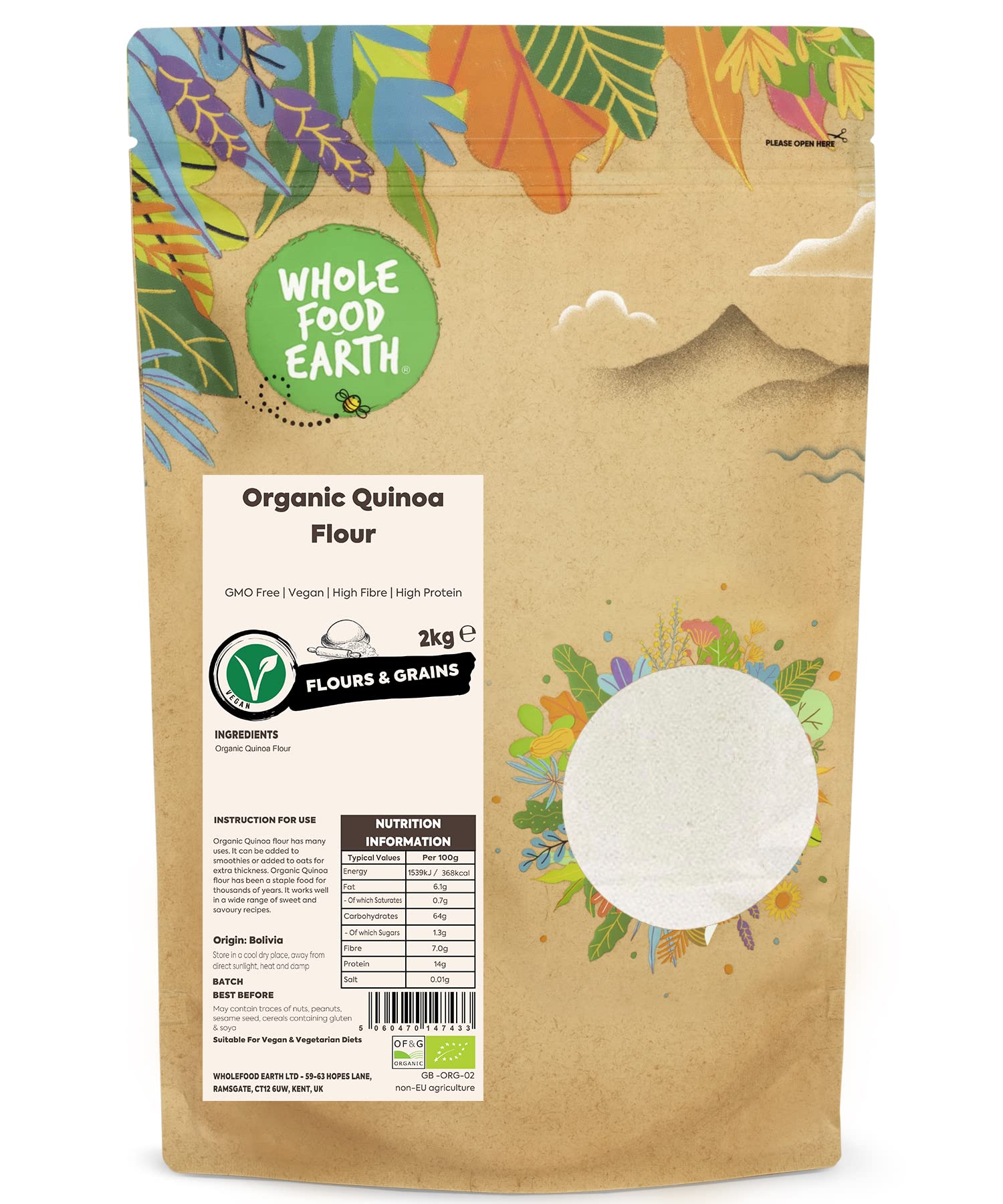 Wholefood Earth Organic Quinoa Flour – 2kg | GMO Free | Vegan | High Fibre | High Protein | Certified Organic