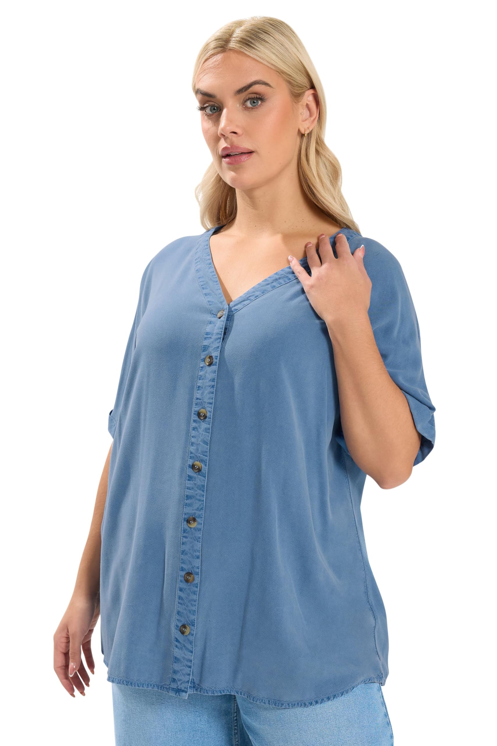 Yours Women's Blue Chambray Button Through Blouse In Size 22-24