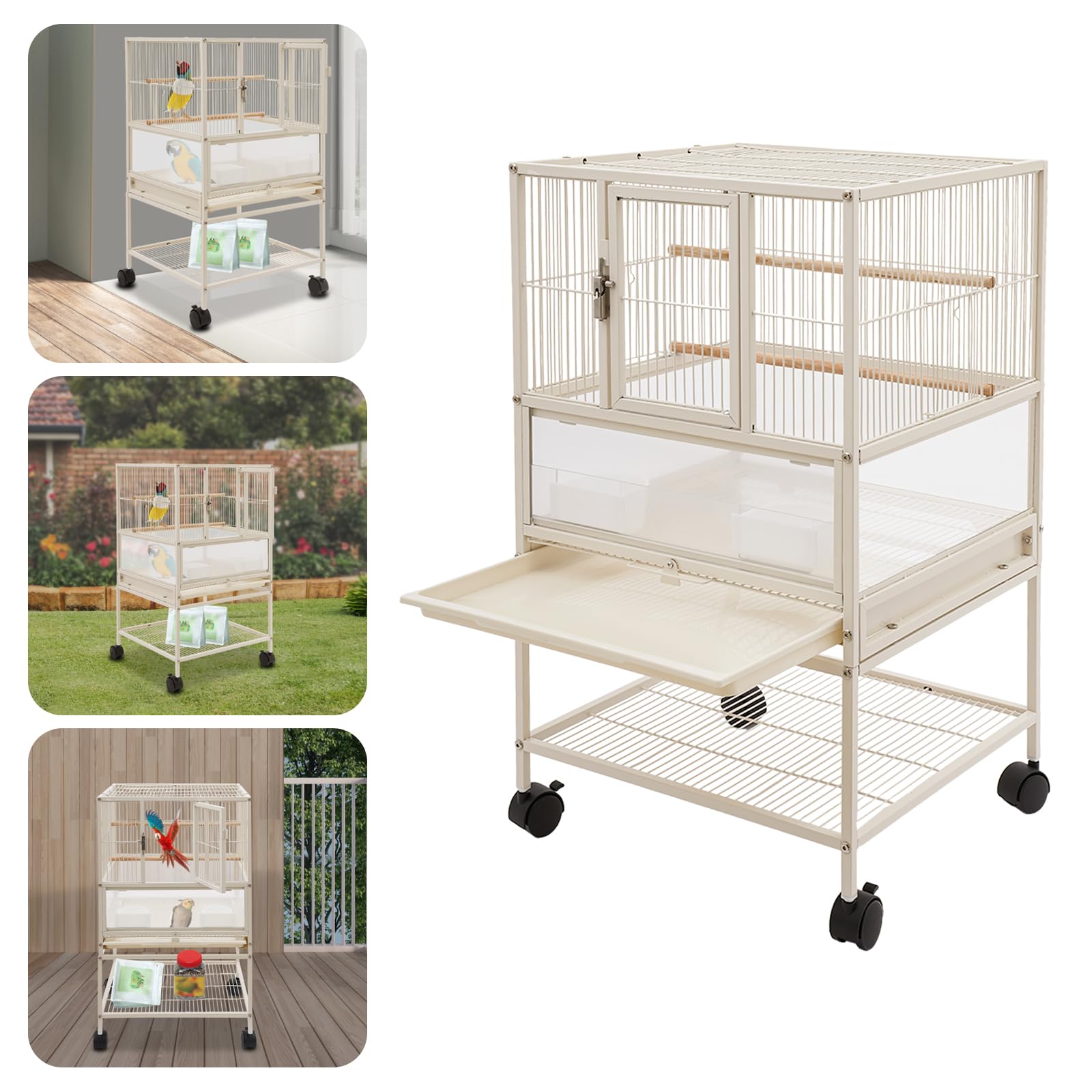 Großer Vogelkäfig Vogelhaus 48,5 x 46 x 83cm rollbarer Vogelvoliere Papagei Käfig mit 2 Fressnäpfe für Sittiche, Lorikeets, Basilisken