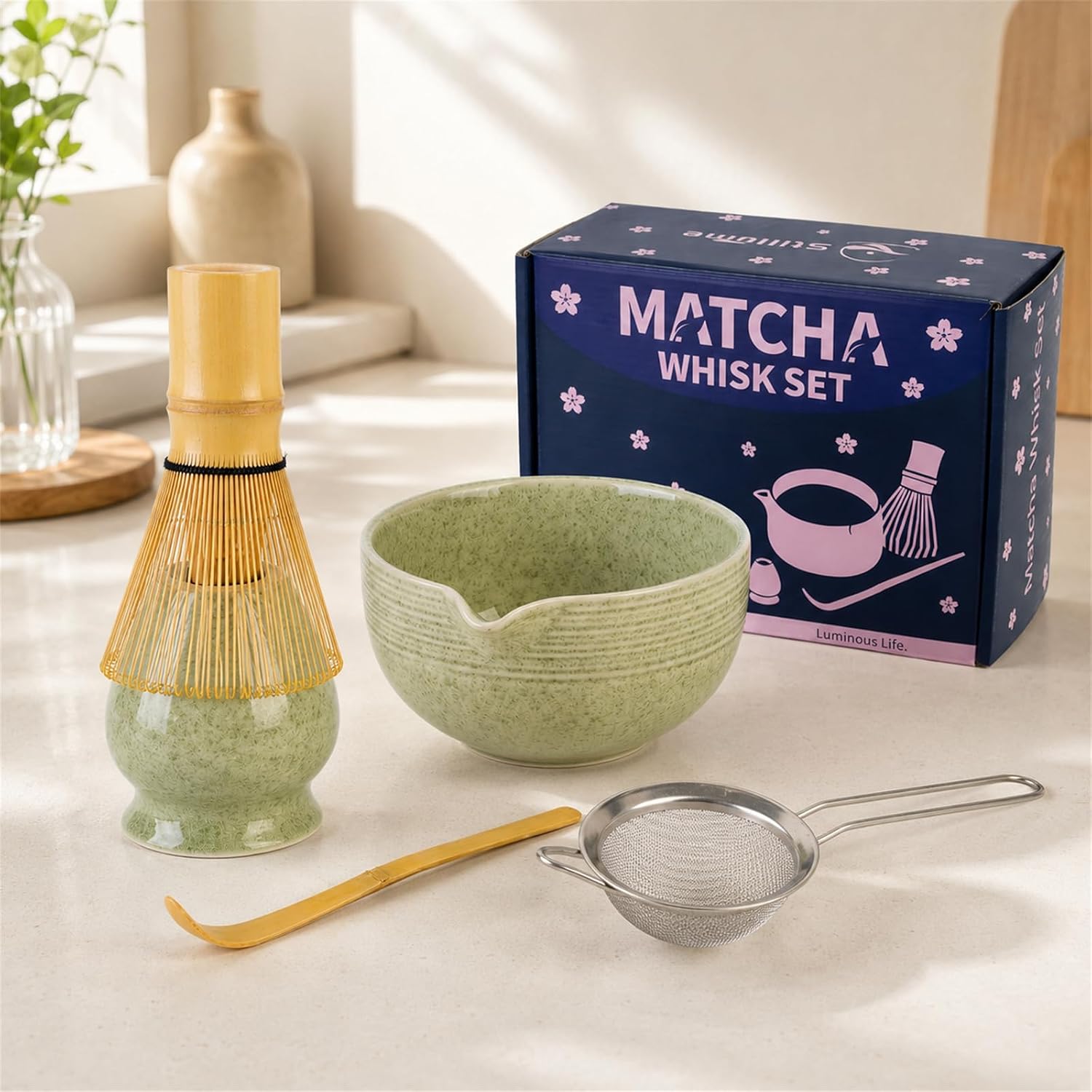 Matcha Whisk Set, Complete Matcha Kit with 500ml Ceramic Spout Bowl, Bamboo Whisk, Holder, Scoop, Sifter and Handbook, Gift-Ready Matcha Tea Set
