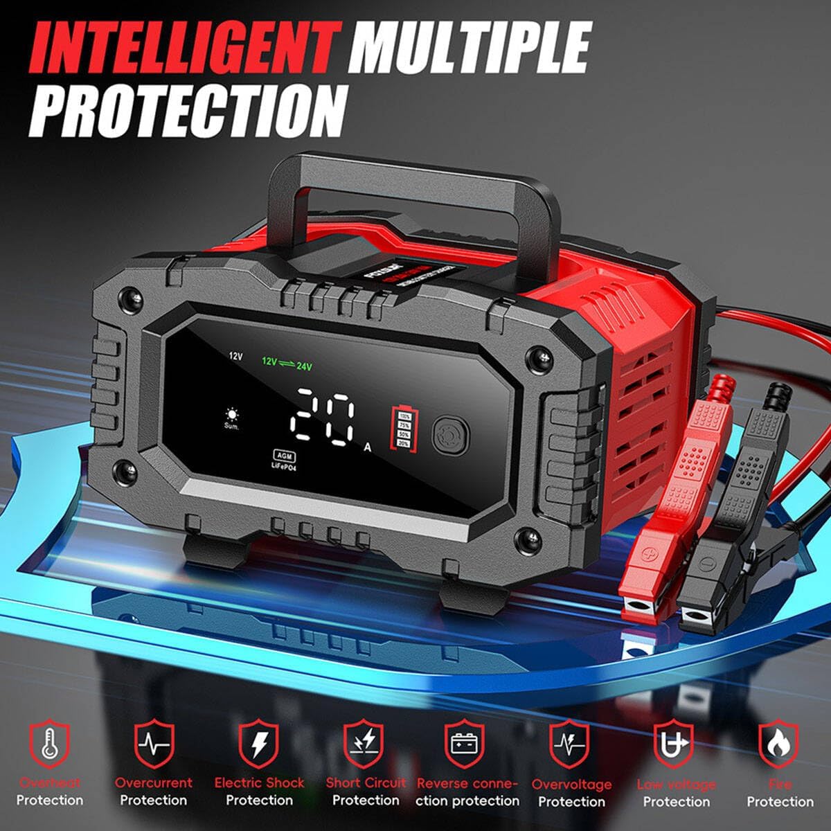 Car Battery Charger 20Amp, 12V 24V LiFePO4 Lead Acid Automatic Smart Battery Maintainer,Trickle Charger Automotive & Desulfator, Repair & Winter Mode w/Protections For AGM STD Gel Deep Cycle Batteries