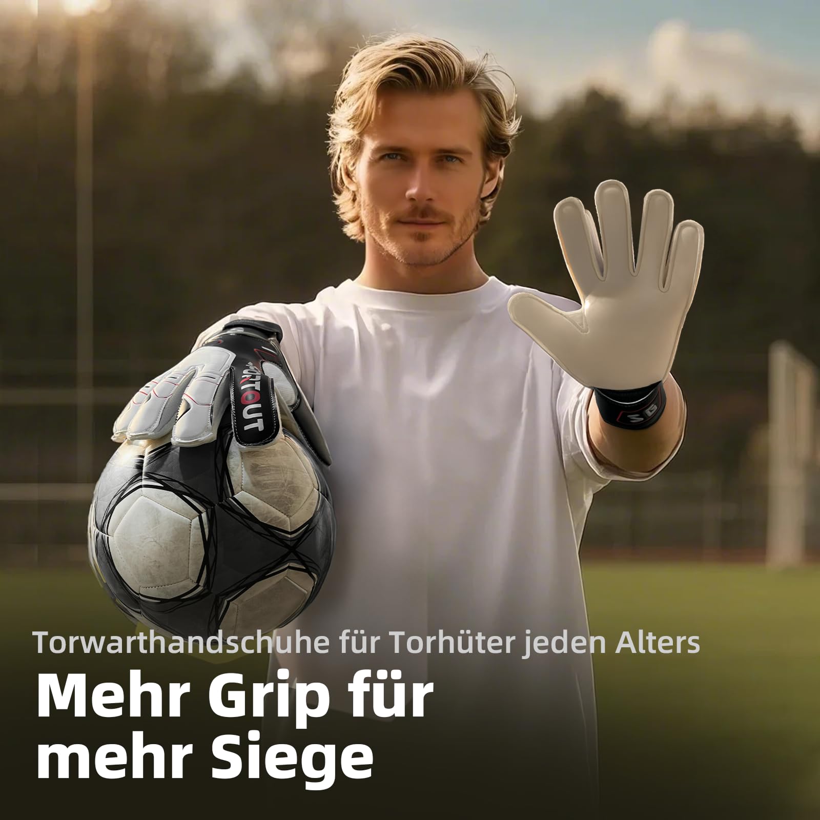 Sportout Torwarthandschuhe Kinder und Herren mit Fingersave Fußballhandschuhe mit Fingerschutz Torwart Handschuhe mit rutschfeste 4mm Latex
