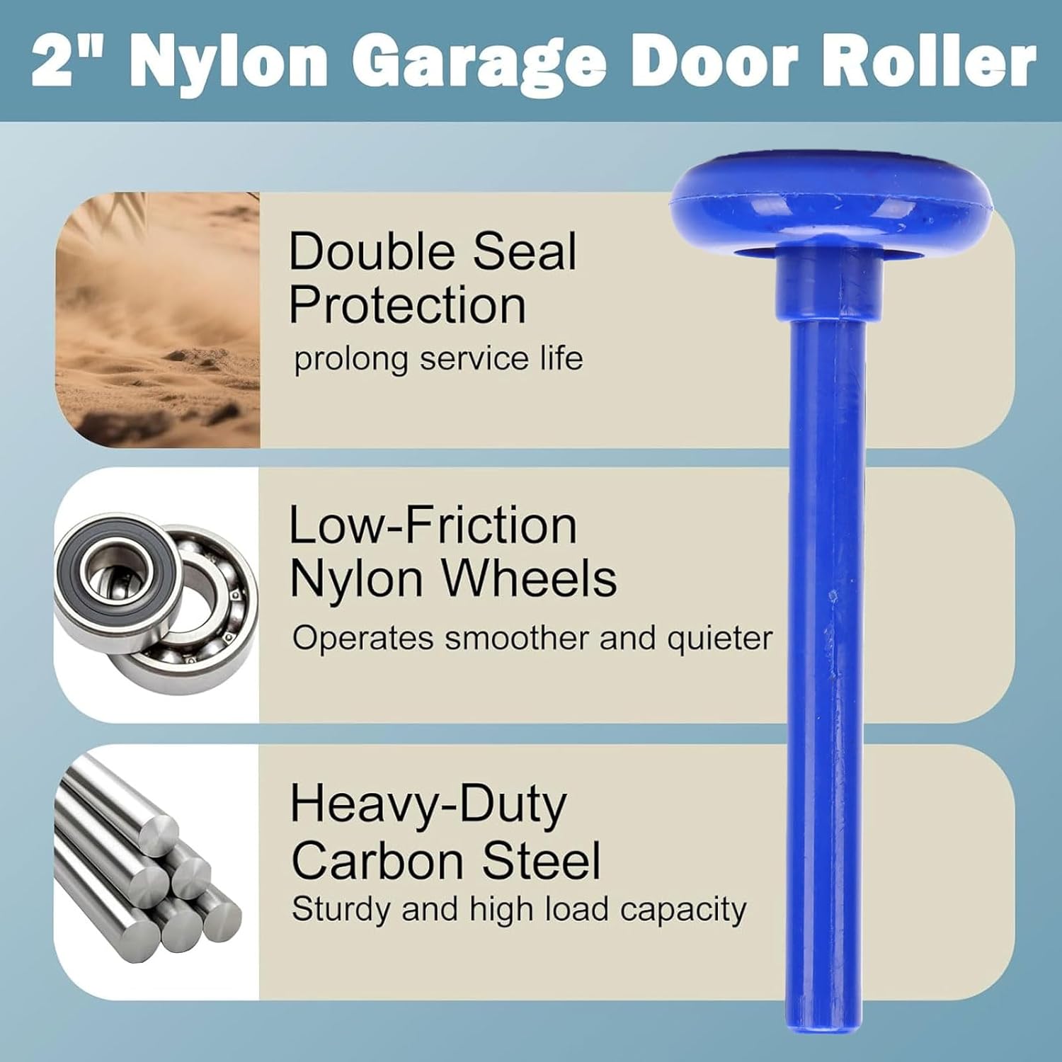 Hilitand Garage Door Rollers, 12 Pack 2 Inch Quiet Replacement Wheels with 4 Inch Stem, 6200-2RS Double Sealed Bearings Nylon Rollers for Residential Commercial Garage Doors