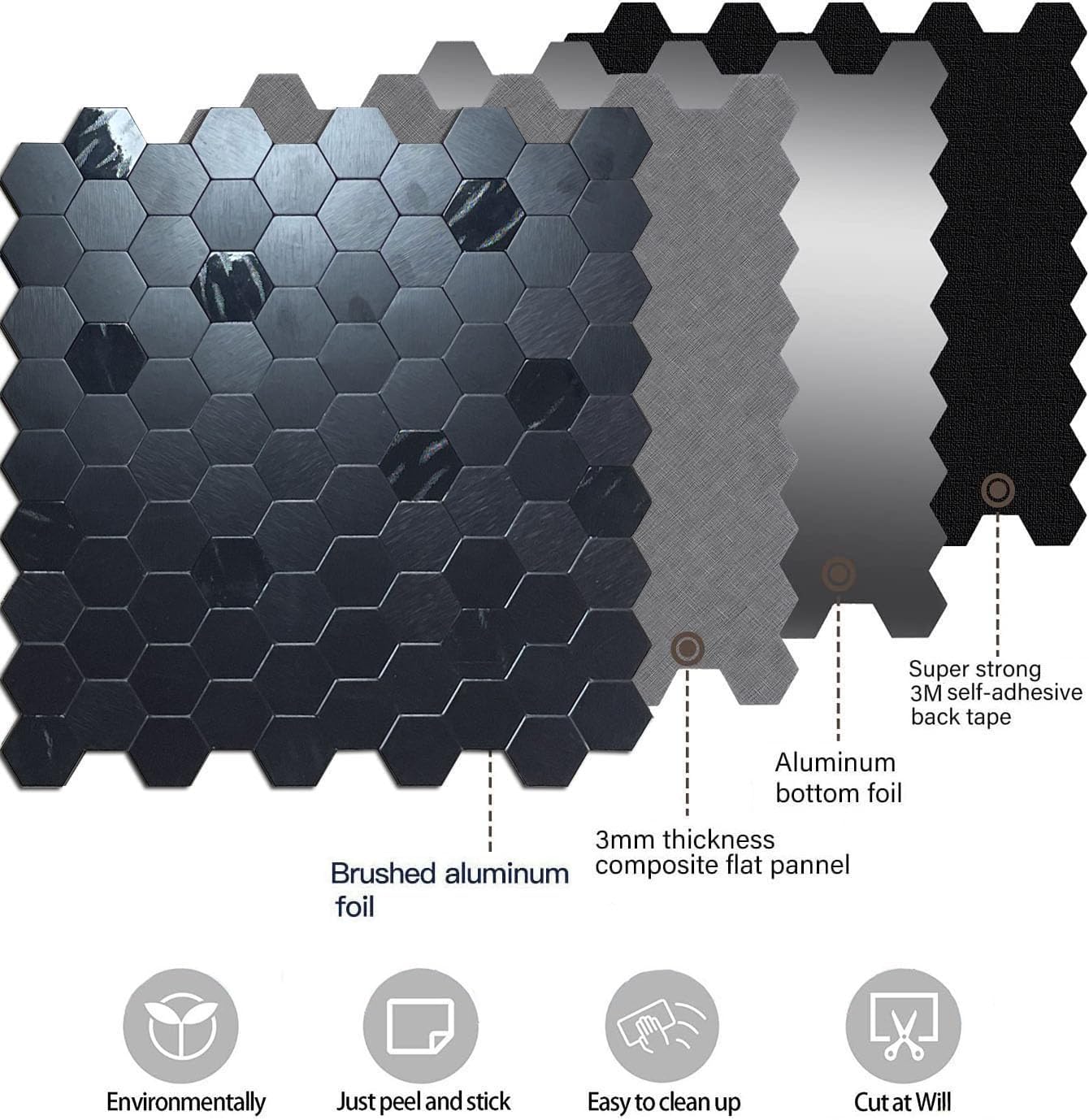 XUANINY 5-Metal Peel and Stick Backsplash Tiles, Aluminum Mosaic Sticker for Kitchen Wall Decor Hexagon Design Frosted 3D Wall Sticker(11.02"x11.5") (Black Brushed 5)