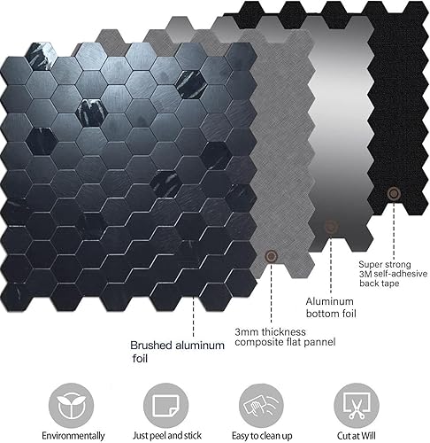 Miniatura 3 de XUANINY 10 azulejos de metal para despegar y pegar, adhesivo de mosaico de aluminio para decoración de pared de cocina, diseño hexagonal esmerilado