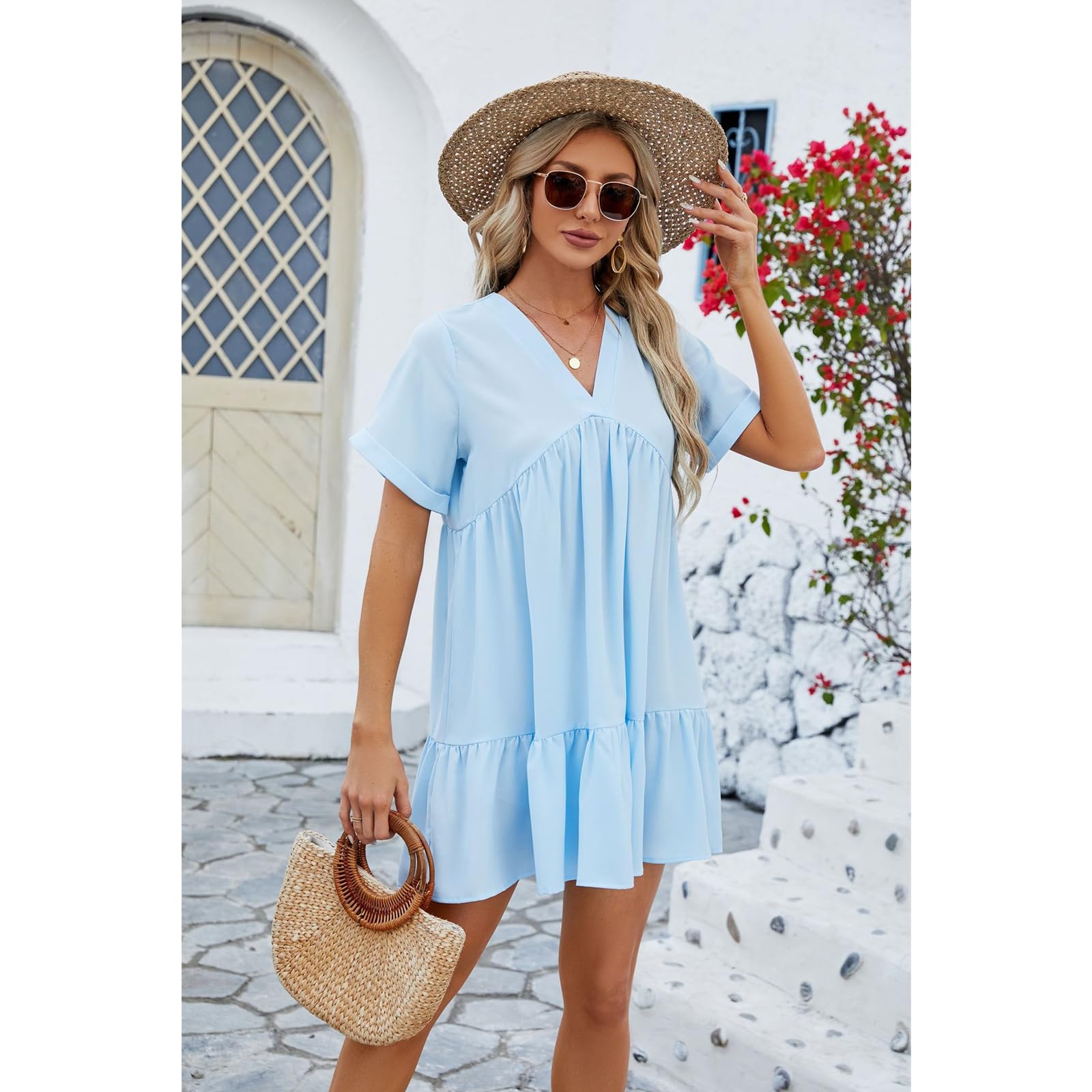 Abito Estivo Abiti per Le Donne V Neck Abito High Piegheggiato Al Ginocchio Abiti Sciolti Swing Abiti Leggeri Estate, HUTALIM, Rosso rosa, XL