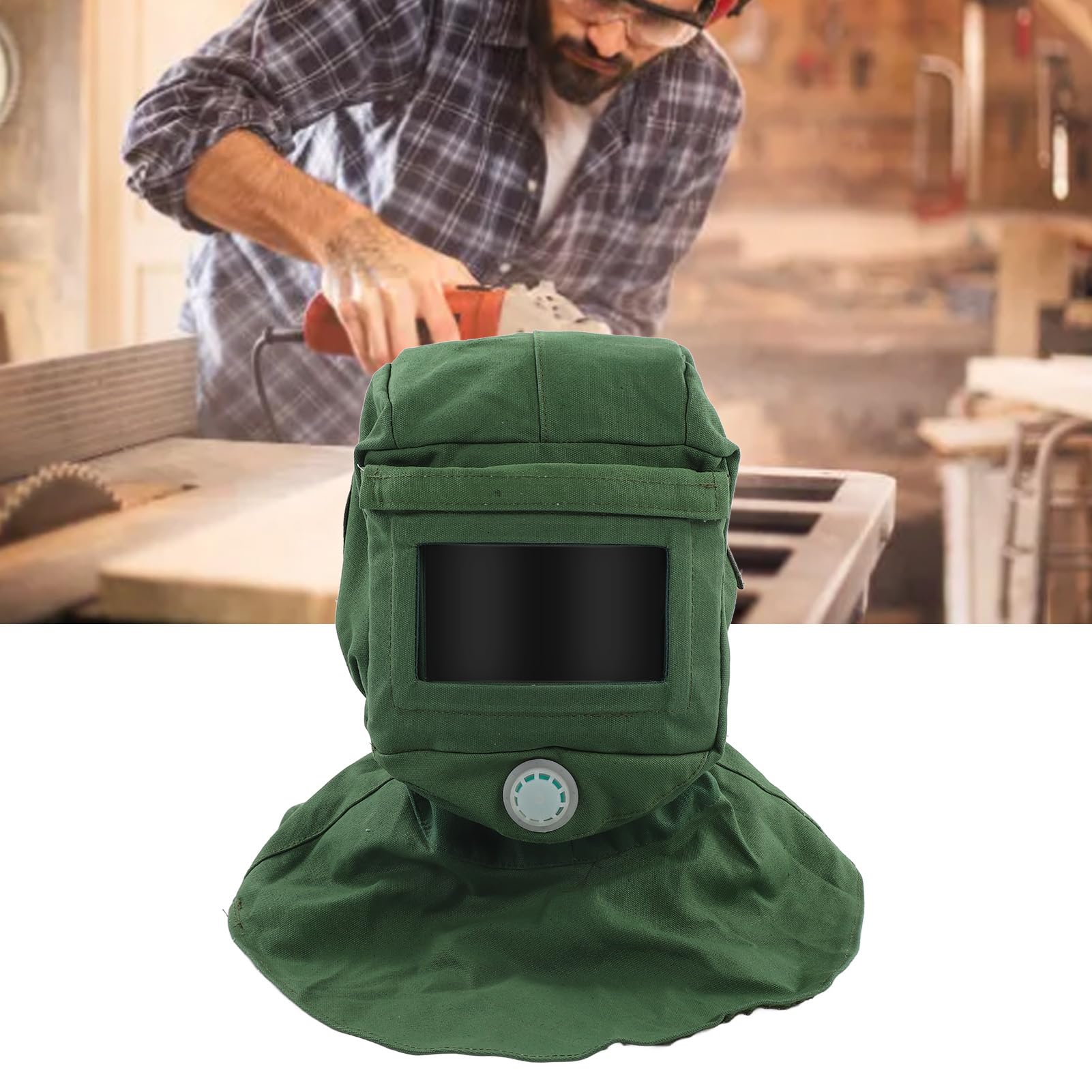 Sand Blasting Hood , Shawl Sandblasting Mask Anti Dust Wind Sandblasting Tool Mask, Cut Scratch Heat Neck Protector, Green