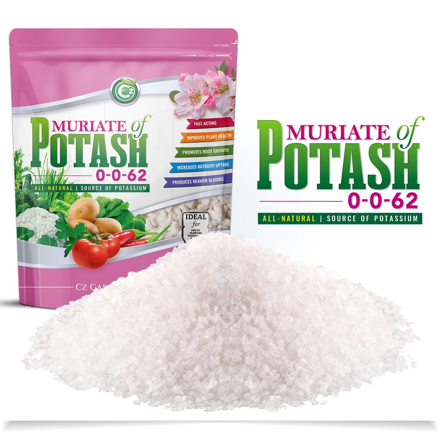 Muriate of Potash 0-0-62 Fertilizer Made in USA - MOP Potassium Plant Food for Indoor/Outdoor Plants, Flower Gardens, Fruit and Vegetable Gardens, Holistic Herbs, Trees and Green Lawns!
