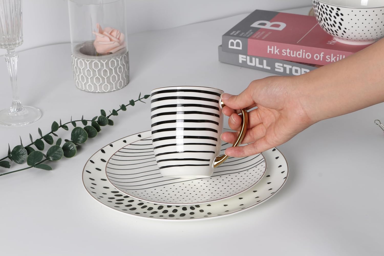 Plates and Bowls Sets for 4, 16 piece Dinnerware Set, Ceramic Plates and Bowls Set, Round Dinner Set with Mugs, Dishwasher Microwave Safe, Dishware Sets, Bone China Dinnerware Sets by KOKEN