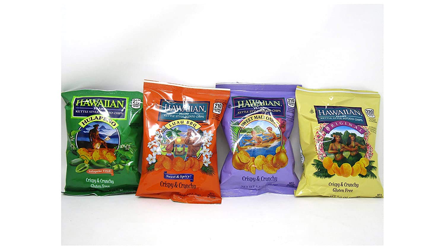 Hawaiian Brand Assorted Kettle Style Potato Chips Bundle: Sweet Maui Onion, Luau BBQ, Hulapeño, & Original (8 Pack)