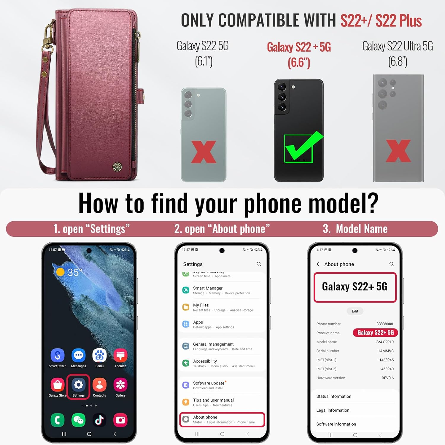 Defencase Compatible with Samsung Galaxy S22 Plus Case Wallet with RFID Blocking Card Holder for Women, PU Leather Magnetic Snap Flip Zipper Strap Phone Case Fit for Galaxy S22 Plus 5G 6.6", Wine Red - Image 2