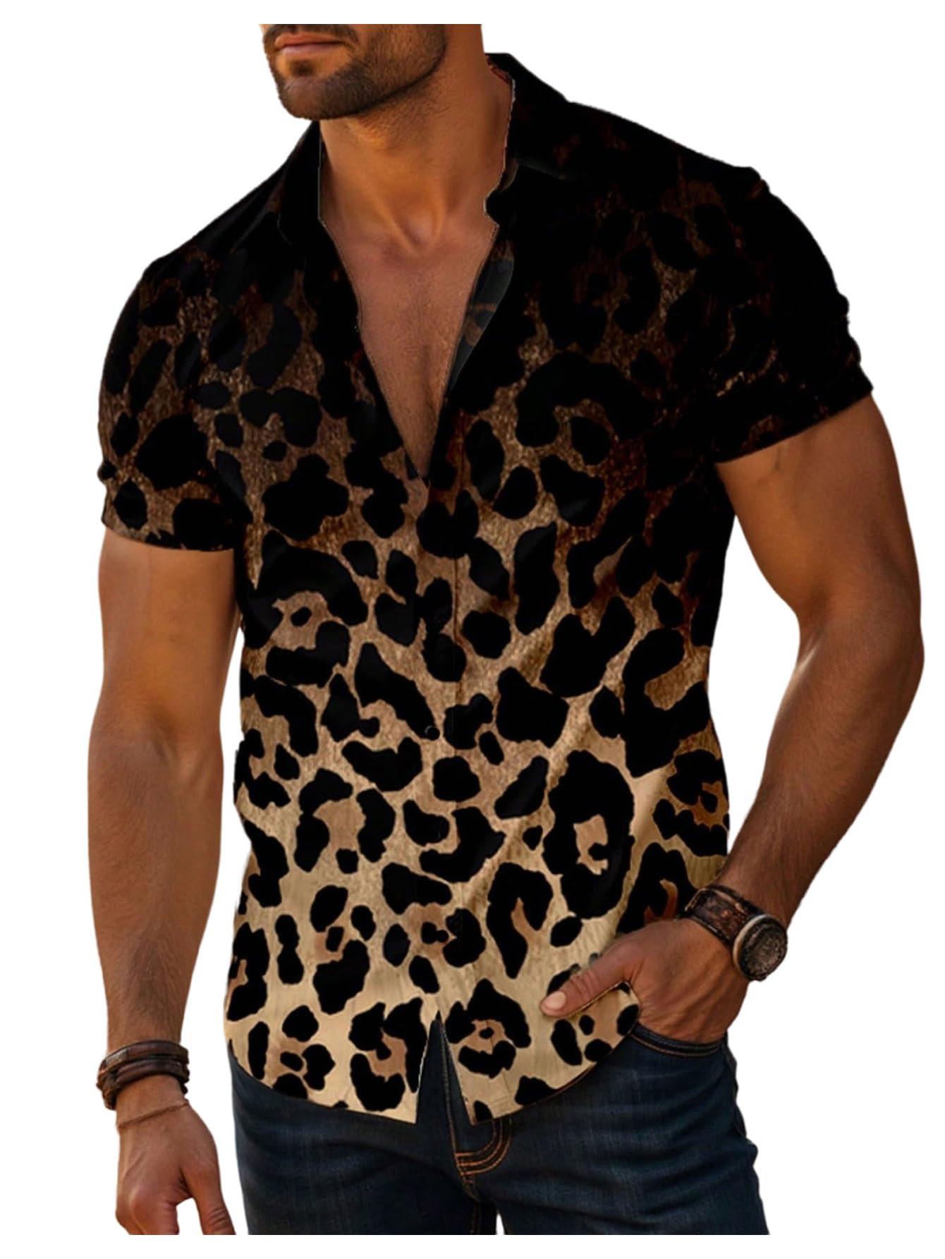 Verdusa Men's Leopard Print Button Down Shirt