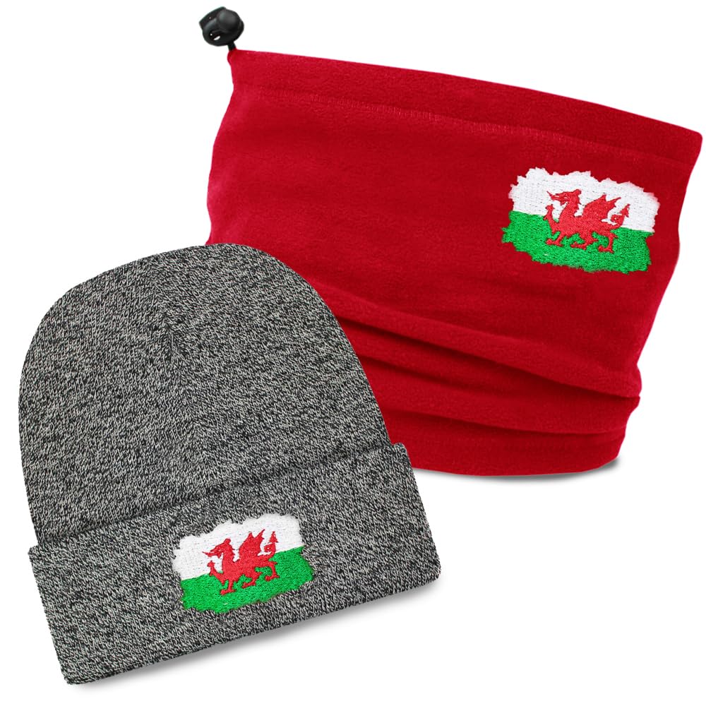 Teddyt's Men's Red & Grey Wales Flag Embroidered Luxury Soft Rib Grey Beanie Hat And Red Snood Scarf