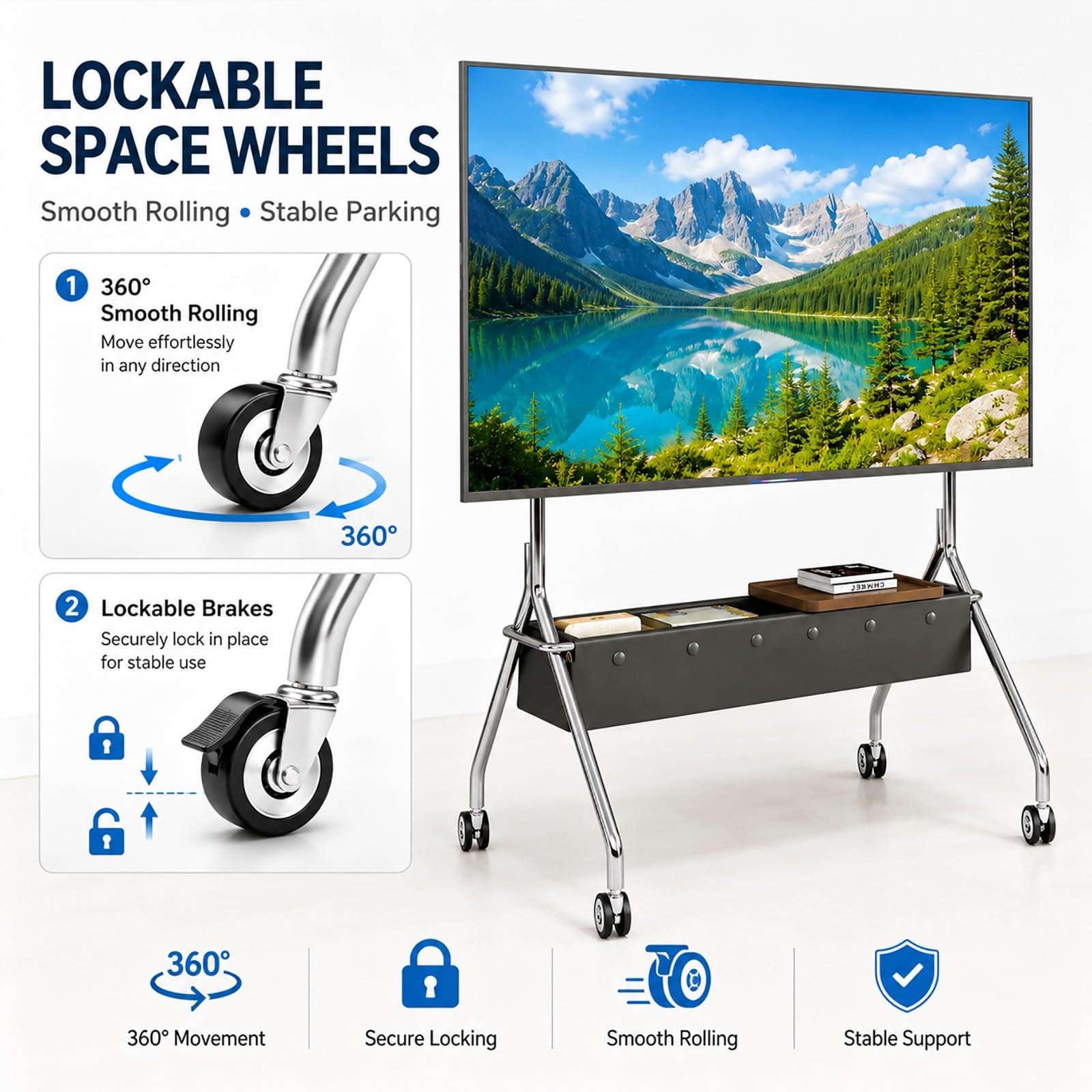 Supporto TV Mobile su Ruote, Supporto TV da Pavimento | Acciaio Inossidabile, Ruote Bloccabili, per Televisori da 40–75 Pollici(Brown)