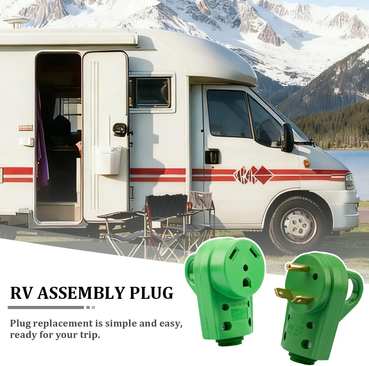 30Amp RV Plug, Heavy Duty 125V TT-30P Camper Male Plug Adapter with Grip Handle, Camper Electrical Power Connector Replacement, Universal for Caravan RV Trailer Motorhome Van (Green)